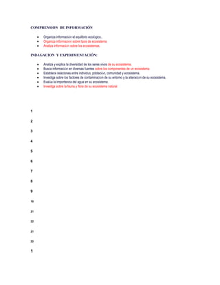 COMPRENSION DE INFORMACIÓN

     Organiza información el equilibrio ecológico..
     Organiza información sobre tipos de ecosistema
     Analiza información sobre los ecosistemas.

INDAGACION Y EXPERIMENTACIÓN:

     Analiza y explica la diversidad de los seres vivos de su ecosistema.
     Busca información en diversas fuentes sobre los componentes de un ecosistema
     Establece relaciones entre individuo, población, comunidad y ecosistema.
     Investiga sobre los factores de contaminación de su entorno y la alteración de su ecosistema.
     Evalúa la importancia del agua en su ecosistema.
     Investiga sobre la fauna y flora de su ecosistema natural




1

2

3

4

5

6

7

8

9

10


21


22


21


22


1
 