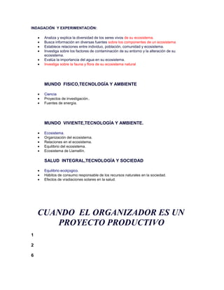 INDAGACIÓN Y EXPERIMENTACIÓN:

     Analiza y explica la diversidad de los seres vivos de su ecosistema.
     Busca información en diversas fuentes sobre los componentes de un ecosistema
     Establece relaciones entre individuo, población, comunidad y ecosistema.
     Investiga sobre los factores de contaminación de su entorno y la alteración de su
     ecosistema.
     Evalúa la importancia del agua en su ecosistema.
     Investiga sobre la fauna y flora de su ecosistema natural




     MUNDO FISICO,TECNOLOGÍA Y AMBIENTE

     Ciencia
     Proyectos de investigación..
     Fuentes de energía.




     MUNDO VIVIENTE,TECNOLOGÍA Y AMBIENTE.

     Ecosistema.
     Organización del ecosistema.
     Relaciones en el ecosistema.
     Equilibrio del ecosistema.
     Ecosistema de Llamellín.

     SALUD INTEGRAL,TECNOLOGÍA Y SOCIEDAD

     Equilibrio ecolçogico.
     Hábitos de consumo responsable de los recursos naturales en la sociedad.
     Efectos de vradiaciones solares en la salud.




    CUANDO EL ORGANIZADOR ES UN
       PROYECTO PRODUCTIVO
1

2

6
 