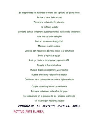 Se desprende se sus materiales escolares para apoyar a los que no tienen

                         Persiste a pesar de los errores

                     Permanece en la institución educativa.

                              Es cortés en su trato

   Comparte con sus compañeros sus conocimientos, experiencias y materiales

                         Hace más de lo que se le pide

                       Cumple las normas de seguridad.

                           Mantiene el orden en clase

           Colabora con instituciones de ayuda social a la comunidad

                           Lidera y organiza el equipo

                Participa en las actividades que programa la IIEE

                         Respeta la diversidad cultural

                 Muestra disposición cooperativa y democrática

                  Muestra entusiasmo y dedicación al trabajar

           Contribuye con la conservación de orden e higiene del aula


                   Cumple acuerdos y normas de convivencia

                  Promueve actividades en beneficio del grupo

         Es perseverante en la ejecución de las tareas de su proyecto

                      Se esfuerza por mejorar su proyecto

  PRIORIZAR              LA ACTITUD ANTE EL AREA
ACTITUD ANTE EL ÁREA.
 