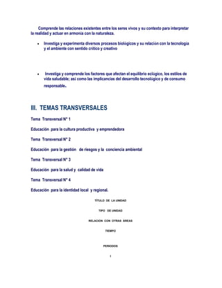 Comprende las relaciones existentes entre los seres vivos y su contexto para interpretar
la realidad y actuar en armonía con la naturaleza.

       Investiga y experimenta diversos procesos biológicos y su relación con la tecnología
       y el ambiente con sentido crítico y creativo




        Investiga y comprende los factores que afectan el equilibrio eclógico, los estilos de
       vida saludable; así como las implicancias del desarrollo tecnológico y de consumo
       responsable.




III. TEMAS TRANSVERSALES
Tema Transversal N° 1

Educación para la cultura productiva y emprendedora

Tema Transversal N° 2

Educación para la gestión de riesgos y la conciencia ambiental

Tema Transversal N° 3

Educación para la salud y calidad de vida

Tema Transversal N° 4

Educación para la identidad local y regional.

                                     TÍTULO DE LA UNIDAD


                                       TIPO DE UNIDAD


                                  RELACION CON OTRAS ÁREAS


                                            TIEMPO




                                          PERIODOS


                                                I
 