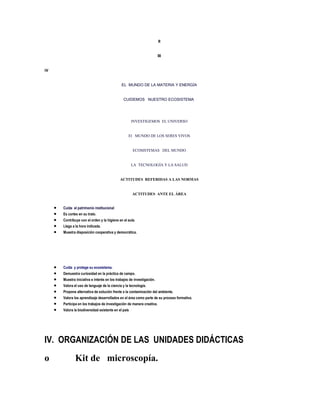 II


                                                                      III


iV


                                            EL MUNDO DE LA MATERIA Y ENERGÍA


                                             CUIDEMOS NUESTRO ECOSISTEMA




                                                    INVESTIGEMOS EL UNIVERSO


                                                 El MUNDO DE LOS SERES VIVOS


                                                    ECOSISTEMAS DEL MUNDO


                                                    LA TECNOLOGÍA Y LA SALUD


                                           ACTITUDES REFERIDAS A LAS NORMAS


                                                    ACTITUDES ANTE EL ÁREA


     Cuida el patrimonio institucional
     Es cortes en su trato.
     Contribuye con el orden y la higiene en el aula.
     Llega a la hora indicada.
     Muestra disposición cooperativa y democrática.




     Cuida y protege su ecosistema.
     Demuestra curiosidad en la práctica de campo.
     Muestra iniciativa e interés en los trabajos de investigación.
     Valora el uso de lenguaje de la ciencia y la tecnología.
     Propone alternativa de solución frente a la contaminación del ambiente.
     Valora los aprendizaje desarrollados en el área como parte de su proceso formativa.
     Participa en los trabajos de investigación de manera creativa.
     Valora la biodiversidad existente en el país




IV. ORGANIZACIÓN DE LAS UNIDADES DIDÁCTICAS
o           Kit de microscopía.
 