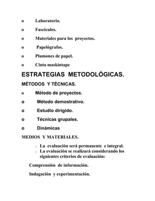 o     Laboratorio.
o     Fascículos.
o     Materiales para los proyectos.
o      Papelógrafos.
o     Plumones de papel.
o     Cinta maskintape

ESTRATEGIAS METODOLÓGICAS.
MÉTODOS Y TÉCNICAS.
o     Método de proyectos.
o         Método demostrativo.
o         Estudio dirigido.
o         Técnicas grupales.
o         Dinámicas
MEDIOS Y MATERIALES.
      o    La evaluación será permanente e integral.
      o    La evaluación se realizará considerando los
           siguientes criterios de evaluación:
    Comprensión de información.
    Indagación y experimentación.
 