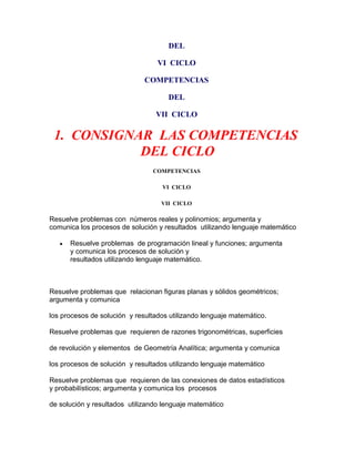 DEL

                                  VI CICLO

                              COMPETENCIAS

                                     DEL

                                 VII CICLO

 1. CONSIGNAR LAS COMPETENCIAS
            DEL CICLO
                                COMPETENCIAS

                                   VI CICLO

                                   VII CICLO

Resuelve problemas con números reales y polinomios; argumenta y
comunica los procesos de solución y resultados utilizando lenguaje matemático

      Resuelve problemas de programación lineal y funciones; argumenta
      y comunica los procesos de solución y
      resultados utilizando lenguaje matemático.



Resuelve problemas que relacionan figuras planas y sólidos geométricos;
argumenta y comunica

los procesos de solución y resultados utilizando lenguaje matemático.

Resuelve problemas que requieren de razones trigonométricas, superficies

de revolución y elementos de Geometría Analítica; argumenta y comunica

los procesos de solución y resultados utilizando lenguaje matemático

Resuelve problemas que requieren de las conexiones de datos estadísticos
y probabilísticos; argumenta y comunica los procesos

de solución y resultados utilizando lenguaje matemático
 