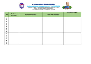 IE “Coronel Francisco Bolognesi Cervantes”
Institución educativa Bicentenaria por DS Nº 011-2020-MINEDU
Creado el 5 de agosto de 1976 como centro educativo N° 104 con RDZ N° 03917
HUÁSCAR – SAN JUAN DE LURIGANCHO / Teléfono: 2534917
“AñodelFortalecimientodelaSoberaníaNacional”
Mes
Problema
priorizado
Situación significativa Título de la experiencia
Actividades del PAT
S
E
T
I
E
M
B
R
E
O
C
T
U
B
R
E
 