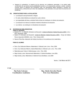 • Asegurar la autoestima: la mayoría de los alumnos con problemas personales o de actitud están
convencidos de que tienen pocas posibilidades de éxito y, en consecuencia, piensan y actúan evitando
muchas veces un esfuerzo que consideran inútil. Los educadores deben ayudarles a cambiar sus
percepciones y atribuciones por otras más adaptadas y más parecidas a las que tienen los alumnos sin
problemas
VIII. ORIENTACIONES PARA LA EVALUACION:
• La evaluación será permanente e integral.
• En cada unidad didáctica se evaluará los cuatro criterios
• Las capacidades del área y actitudes frente al área se constituyen en criterios de evaluación
• La evaluación de criterios se realizará mediante indicadores de evaluación.
• Los criterios se constituyen en indicadores de evaluación
IX. REFERENCIAS BIBLIOGRAFICAS:
PARA EL DOCENTE:
• Boletín Nº 5 – 6: CRECER. Ministerio de Educación. Unidad de Medición Calidad Educativa (UMC). Lima –
Perú. Noviembre 2000.
• Boletín Nº 9.Ministerio de Educación. Unidad de Medición Calidad Educativa (UMC) – Grupo de Análisis
Para el desarrollo (GRADE). Lima – Perú. Febrero 2001.
• Navarro Peña Elsa. Aplicación del método heurístico en la enseñanza de la matemática.
PARA EL ALUMNO:
• De la Cruz Solórzano Máximo. Matemática 2. Editorial Luren. Lima – Perú. 2004.
• De la Cruz Solórzano Máximo. Aptitud Matemática 2. Editorial Luren. Lima – Perú. 2008
• Matemática para Todos 2. Editorial apoyo. Lima – Perú. 2004.
• Mejia Cecilia y otros. Razonamiento Matemático 2. Editorial Santillana. Lima 2005.
• Mejia Cecilia y otros. Matemática 2. Editorial Innova Santillana. Lima 2009
Moche, 2 de Marzo del 2011
Vº Bº _____________________________ ___________________________
Mg Paola Cabrejos Mgs. Sheila Sierralta Pinedo
Coordinadora Académica Prof. Área Matemática
 
