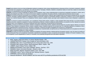 Unidad II: esta unidad se vincula con el área de Matemática mediante la competencia: Actúa y piensa matemáticamente en situaciones de forma, movimiento y localización, mediante
la estructuración de la perspectiva y sus elementos. Con el área de Ciencia, Tecnología y Ambiente, mediante la competencia: Explica el mundo físico, basado en conocimientos
científicos, en la representación de las formas naturales de los paisajes.
Unidad III: se vincula con el área de matemática se relaciona con la competencia: Actúa y piensa matemáticamente en situaciones de regularidad, equivalencia y cambio, para la
ejecución del pentagrama para solfeo. Con el área de Comunicación mediante la competencia: Se expresa oralmente, al realizar ejercicios de técnica vocal en el canto.
Unidad IV: se vincula con el área de Comunicación con la competencia: Produce textos escritos, al ejecutar mapa conceptual sobre los instrumentos musicales del Perú; con el área
de Ciencia, Tecnología y Ambiente mediante la competencia: Explica el mundo físico, basado en conocimientos científicos, al estructurar y modular su voz en el canto mediante la
melodía. Con el área de Educación Física con la competencia: Dominio corporal y expresión creativa, para lograr cantar mediante la técnica vocal al interpretar su repertorio de
canciones.
Unidad V: se vincula con el área de Comunicación, con la competencia: Produce textos escritos, al realizar un mapa conceptual sobre danzas del Perú; con el área de Historia,
Geografía y Economía, mediante la competencia: Construye interpretaciones históricas, al realizar el análisis de la danza folclórica y su evolución en el Perú. Además con el área de
Educación Física, con la competencia: Convivencia e interacción socio motriz, al estructurar una danza del Perú en forma grupal.
Unidad VI: se vincula con el área de Comunicación, mediante la competencia: Produce textos escritos, mediante la ficha de estudio de una danza regional. Además con el área de
Educación Física mediante la competencia: Dominio corporal y expresión creativa, mediante la ejecución de una danza local. Con matemática desarrolla la competencia: Actúa y
piensa matemáticamente en situaciones de forma, movimiento y localización, al estructurar las figuras coreográficas de una danza en su representación.
Unidad VII: se vincula con el área de Comunicación, mediante las competencias: Comprende textos, con ejercicios de voz y Produce textos escritos con la recopilación de información
sobre el teatro y los géneros teatrales en un mapa conceptual.
Unidad VIII: se vincula con el área de Comunicación, mediante la competencia: Se expresa oralmente, mediante ejercicios de expresión corporal y vocal. Así mismo se coordina con
el área de Educación Física con la competencia: Comprensión y desarrollo de la corporeidad y la salud, con ejercicios de improvisación. También en Formación Ciudadana y Cívica,
en la competencia: Convive respetándose a sí mismo y a los demás, en los contenidos del argumento de la obra teatral a representar.
MATERIALES Y RECURSOS
 BOAL, Augusto: Juegos para actores y no actores. Barcelona España – 2001.
 CARDANTONOPOLUS, Vanessa; Curso Completo de Teoría de la Música. 2002.
 EDWARDS, Betty; Color: A Course Mastering the art of mixing colors; Nueva York – 2004.
 EDWARDS, Betty; Aprende a Dibujar, método garantizado. Madrid – España - 1988
 LAMBERT, Susan; El Dibujo Técnica y Utilidad, 1980.
 MAMANI POCOHUANCA, Oscar Jaime; El Bodegón. Abancay – Apurímac – 2014.
 MASSMAN, Herbert; Instrumentos Musicales – artesanía y ciencia;
 MOZO HOLGADO, Alejandro; Perspectiva Artística, Cusco - Perú 1999.
 PARRAMON, José M.; Teoría y Práctica del Color. Ediciones Parramon – España.
 PARRAMON, José M.; El Gran Libro del Dibujo.
 Resolución Ministerial N° 199-20015-MINEDU; del 25 de marzo del 2015 que Modifica parcialmente el DCN del 2008.
 