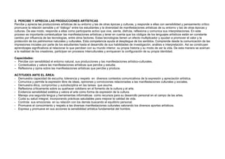 2. PERCIBE Y APRECIA LAS PRODUCCIONES ARTÍSTICAS
Percibe y aprecia las producciones artísticas de su entorno y las de otras épocas y culturas, y responde a ellas con sensibilidad y pensamiento crítico
promueve la relación sensible y el “diálogo” entre los estudiantes y la diversidad de manifestaciones artísticas de su entorno y las de otras épocas y
culturas. De ese modo, responde a ellas como participante activo que vive, siente, disfruta, reflexiona y comunica sus interpretaciones. En este
proceso es importante contextualizar las manifestaciones artísticas y tener en cuenta que los códigos de los lenguajes artísticos están en constante
cambio por influencia de las tecnologías, entre otros factores. Estas tecnologías tienen un efecto multiplicador y ayudan a promover el valor y la
protección de los patrimonios naturales y culturales. Esta competencia ayuda al despliegue de los sentidos. Comprende desde la comunicación de las
impresiones iniciales por parte de los estudiantes hasta el desarrollo de sus habilidades de investigación, análisis e interpretación. Así se construyen
aprendizajes significativos al relacionar lo que perciben con su mundo interior, su propia historia y su modo de ver la vida. De esta manera se acercan
a la realidad de los creadores, participan en procesos interculturales y enriquecen la configuración de su propia identidad.
Capacidades:
– Percibe con sensibilidad el entorno natural, sus producciones y las manifestaciones artístico-culturales.
– Contextualiza y valora las manifestaciones artísticas que percibe y estudia.
– Reflexiona y opina sobre las manifestaciones artísticas que percibe y produce.
ACTITUDES ANTE EL ÁREA:
- Demuestra capacidad de escucha, tolerancia y respeto en diversos contextos comunicativos de la expresión y apreciación artística.
- Comunica y permite la expresión libre de ideas, opiniones y convicciones relacionadas a las manifestaciones culturales y sociales.
- Demuestra ética, compromiso y autodisciplina en las tareas que asume.
- Reflexiona críticamente sobre su quehacer cotidiano en el fomento de la cultura y el arte.
- Evidencia sensibilidad estética y valora el arte como forma de expresión de la cultura.
- Maneja una segunda lengua y herramientas informáticas como recursos para su desarrollo personal en el campo de las artes.
- Cuida su salud integral, incorporando prácticas saludables para mejorar la calidad de vida.
- Controla sus emociones en su relación con los demás buscando el equilibrio personal.
- Promueve el conocimiento y respeto a las diversas manifestaciones culturales valorando los diversos aportes artísticos.
- Expresa y promueve en sus acciones la sensibilidad artística fundamental del hombre.
 