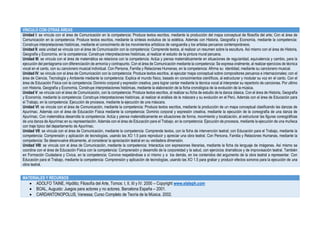 VÍNCULO CON OTRAS ÁREAS
Unidad I: se vincula con el área de Comunicación en la competencia: Produce textos escritos, mediante la producción del mapa conceptual de filosofía del arte; Con el área de
Comunicación en la competencia: Produce textos escritos, mediante la síntesis evolutiva de la estética. Además con Historia, Geografía y Economía, mediante la competencia:
Construye interpretaciones históricas, mediante el conocimiento de los movimientos artísticos de vanguardia y los artistas peruanos contemporáneos.
Unidad II: esta unidad se vincula con el área de Comunicación con la competencia: Comprende textos, al realizar un resumen sobre la escultura. Así mismo con el área de Historia,
Geografía y Economía, en la competencia: Construye interpretaciones históricas, al realizar el estudio de la pintura mural peruana.
Unidad III: se vincula con el área de matemática se relaciona con la competencia: Actúa y piensa matemáticamente en situaciones de regularidad, equivalencia y cambio, para la
ejecución del pentagrama con diferenciación de armonía y contrapunto. Con el área de Comunicación mediante la competencia: Se expresa oralmente, al realizar ejercicios de técnica
vocal en el canto, con su cancionero musical individual. Con Persona, Familia y Relaciones Humanas, en la competencia: Afirma su identidad, mediante su cancionero musical.
Unidad IV: se vincula con el área de Comunicación con la competencia: Produce textos escritos, al ejecutar mapa conceptual sobre compositores peruanos e internacionales; con el
área de Ciencia, Tecnología y Ambiente mediante la competencia: Explica el mundo físico, basado en conocimientos científicos, al estructurar y modular su voz en el canto. Con el
área de Educación Física con la competencia: Dominio corporal y expresión creativa, para lograr cantar mediante la técnica vocal al interpretar su repertorio de canciones. Por ultimo
con Historia, Geografía y Economía, Construye interpretaciones históricas, mediante la elaboración de la ficha cronológica de la evolución de la música.
Unidad V: se vincula con el área de Comunicación, con la competencia: Produce textos escritos, al realizar su ficha de estudio de la danza clásica. Con el área de Historia, Geografía
y Economía, mediante la competencia: Construye interpretaciones históricas, al realizar el análisis de la máscara y su evolución en el Perú. Además con el área de Educación para
el Trabajo, en la competencia: Ejecución de procesos, mediante la ejecución de una máscara.
Unidad VI: se vincula con el área de Comunicación, mediante la competencia: Produce textos escritos, mediante la producción de un mapa conceptual clasificando las danzas de
Apurímac. Además con el área de Educación Física mediante la competencia: Dominio corporal y expresión creativa, mediante la ejecución de la coreografía de una danza de
Apurímac. Con matemática desarrolla la competencia: Actúa y piensa matemáticamente en situaciones de forma, movimiento y localización, al estructurar las figuras coreográficas
de una danza de Apurímac en su representación. Además con el área de Educación para el Trabajo, en la competencia: Ejecución de procesos, mediante la ejecución de una muñeca
con traje típico del departamento de Apurímac.
Unidad VII: se vincula con el área de Comunicación, mediante la competencia: Comprende textos, con la ficha de intervención teatral; con Educación para el Trabajo, mediante la
competencia: Comprensión y aplicación de tecnologías, usando las XO 1.5 para reproducir y apreciar una obra teatral. Con Persona, Familia y Relaciones Humanas, mediante la
competencia: Se desenvuelve éticamente, al considerar la apreciación teatral en su verdadera dimensión.
Unidad VIII: se vincula con el área de Comunicación, mediante la competencia: Interactúa con expresiones literarias, mediante la ficha de lenguaje de imágenes. Así mismo se
coordina con el área de Educación Física con la competencia: Comprensión y desarrollo de la corporeidad y la salud, con ejercicios dramáticos y de improvisación teatral. También
en Formación Ciudadana y Cívica, en la competencia: Convive respetándose a sí mismo y a los demás, en los contenidos del argumento de la obra teatral a representar. Con
Educación para el Trabajo, mediante la competencia: Comprensión y aplicación de tecnologías, usando las XO 1.5 para grabar y producir efectos sonoros para la ejecución de una
obra teatral.
MATERIALES Y RECURSOS
 ADOLFO TAINE, Hipólito; Filosofía del Arte, Tomos: I, II, III y IV. 2000 – Copyright www.elaleph.com
 BOAL, Augusto: Juegos para actores y no actores. Barcelona España – 2001.
 CARDANTONOPOLUS, Vanessa; Curso Completo de Teoría de la Música. 2002.
 