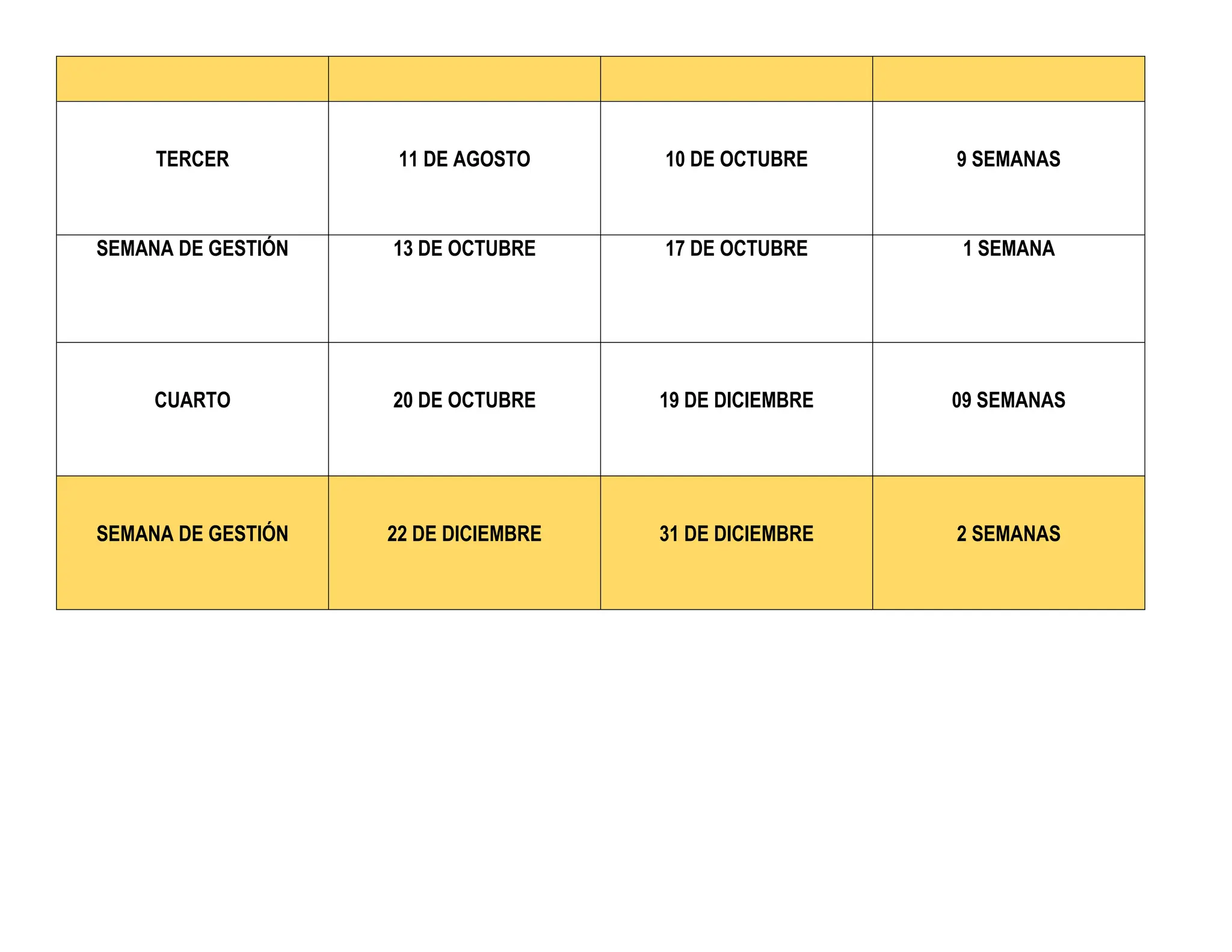 TERCER 11 DE AGOSTO 10 DE OCTUBRE 9 SEMANAS
SEMANA DE GESTIÓN 13 DE OCTUBRE 17 DE OCTUBRE 1 SEMANA
CUARTO 20 DE OCTUBRE 19 DE DICIEMBRE 09 SEMANAS
SEMANA DE GESTIÓN 22 DE DICIEMBRE 31 DE DICIEMBRE 2 SEMANAS
 