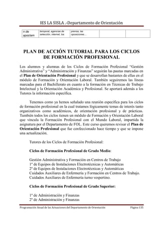IES LA SISLA .-Departamento de Orientación
  n de          temporal, agencias de      prensa, las
  apoclam       selección, internet, los   oposiciones…




  PLAN DE ACCIÓN TUTORIAL PARA LOS CICLOS
         DE FORMACIÓN PROFESIONAL
Los alumnos y alumnas de los Ciclos de Formación Profesional “Gestión
Administrativa” y “Administración y Finanzas” seguirán las pautas marcadas en
el Plan de Orientación Profesional y que se desarrollan bastantes de ellas en el
módulo de Formación y Orientación Laboral. También seguiremos las líneas
marcadas para el Bachillerato en cuanto a la formación en Técnicas de Trabajo
Intelectual y la Orientación Académica y Profesional. Se aportará además a los
Tutores la información específica.

      Tenemos como ya hemos señalado una reunión específica para los ciclos
de formación profesional en la cual tratamos lógicamente temas de interés tanto
organizativos como académicos, de orientación profesional y de prácticas.
También todos los ciclos tienen un módulo de Formación y Orientación Laboral
que vincula la Formación Profesional con el Mundo Laboral, impartida la
asignatura por el Departamento de FOL. Este curso queremos revisar el Plan de
Orientación Profesional que fue confeccionado hace tiempo y que se impone
una actualización.

       Tutores de los Ciclos de Formación Profesional:

       Ciclos de Formación Profesional de Grado Medio:

       Gestión Administrativa y Formación en Centros de Trabajo
       1º de Equipos de Instalaciones Electrotécnicas y Automáticas
       2º de Equipos de Instalaciones Electrotécnicas y Automáticas
       Cuidados Auxiliares de Enfermería y Formación en Centros de Trabajo.
       Cuidados Auxiliares de Enfermería turno vespertino.

       Ciclos de Formación Profesional de Grado Superior:

       1º de Administración y Finanzas
       2º de Administración y Finanzas
Programación Anual de las Actuaciones del Departamento de Orientación   Página 135
 