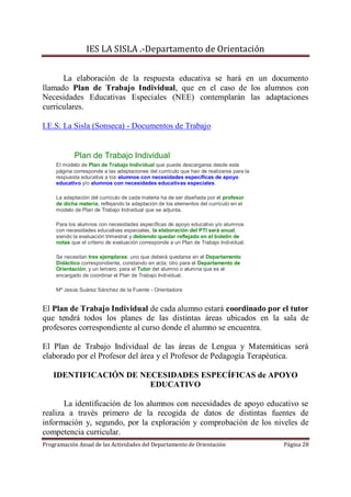 IES LA SISLA .-Departamento de Orientación


      La elaboración de la respuesta educativa se hará en un documento
llamado Plan de Trabajo Individual, que en el caso de los alumnos con
Necesidades Educativas Especiales (NEE) contemplarán las adaptaciones
curriculares.

I.E.S. La Sisla (Sonseca) - Documentos de Trabajo


            Plan de Trabajo Individual
     El modelo de Plan de Trabajo Individual que puede descargarse desde esta
     página corresponde a las adaptaciones del currículo que han de realizarse para la
     respuesta educativa a los alumnos con necesidades específicas de apoyo
     educativo y/o alumnos con necesidades educativas especiales.

     La adaptación del currículo de cada materia ha de ser diseñada por el profesor
     de dicha materia, reflejando la adaptación de los elementos del currículo en el
     modelo de Plan de Trabajo Individual que se adjunta.

     Para los alumnos con necesidades específicas de apoyo educativo y/o alumnos
     con necesidades educativas especiales, la elaboración del PTI será anual,
     siendo la evaluación trimestral y debiendo quedar reflejado en el boletín de
     notas que el criterio de evaluación corresponde a un Plan de Trabajo Individual.

     Se necesitan tres ejemplares: uno que deberá quedarse en el Departamento
     Didáctico correspondiente, constando en acta; otro para el Departamento de
     Orientación; y un tercero, para el Tutor del alumno o alumna que es el
     encargado de coordinar el Plan de Trabajo Individual.

     Mª Jesús Suárez Sánchez de la Fuente - Orientadora


El Plan de Trabajo Individual de cada alumno estará coordinado por el tutor
que tendrá todos los planes de las distintas áreas ubicados en la sala de
profesores correspondiente al curso donde el alumno se encuentra.

El Plan de Trabajo Individual de las áreas de Lengua y Matemáticas será
elaborado por el Profesor del área y el Profesor de Pedagogía Terapéutica.

    IDENTIFICACIÓN DE NECESIDADES ESPECÍFICAS de APOYO
                        EDUCATIVO

       La identificación de los alumnos con necesidades de apoyo educativo se
realiza a través primero de la recogida de datos de distintas fuentes de
información y, segundo, por la exploración y comprobación de los niveles de
competencia curricular.
Programación Anual de las Actividades del Departamento de Orientación                    Página 28
 