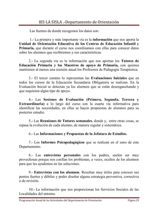 IES LA SISLA .-Departamento de Orientación

        Las fuentes de donde recogemos los datos son:

       1.- La primera y más importante vía es la información que nos aporta la
Unidad de Orientación Educativa de los Centros de Educación Infantil y
Primaria, que durante el curso nos coordinamos con ellas para conocer datos
sobre los alumnos que recibiremos y sus características.

      2.- La segunda vía es la información que nos aportan los Tutores de
Educación Primaria y los Maestros de apoyo de Primaria, con quienes
mantienen al menos una reunión anual los Profesores de Pedagogía Terapéutica.

      3.- El tercer camino lo representan las Evaluaciones Iniciales que en
todos los cursos de la Educación Secundaria Obligatoria se realizan. En la
Evaluación Inicial se detectan ya los alumnos que se están desenganchando y
que requieren algún tipo de apoyo.

       4.- Las Sesiones de Evaluación (Primera, Segunda, Tercera y
Extraordinaria) a lo largo del curso son la cuarta vía informativa para
identificar las necesidades, en ellas se hacen propuestas de alumnos para su
posterior estudio.

      5.- Las Reuniones de Tutores semanales, donde y, entre otras cosas, se
repasa la evolución de cada alumno, de manera regular y sistemática.

        6.- Las Informaciones y Propuestas de la Jefatura de Estudios.

      7.- Los Informes Psicopedagógicos que se realizan en el seno de este
Departamento.

      8.- Las entrevistas personales con los padres, suelen ser muy
provechosas porque nos confían los problemas, a veces, ocultos de los alumnos
para que les ayudemos en las soluciones.

       9.- Entrevistas con los alumnos. Resultan muy útiles para conocer sus
puntos fuertes y débiles y poder diseñar alguna estrategia preventiva, correctiva
o de revisión.

      10.- La información que nos proporcionan los Servicios Sociales de las
Localidades del entorno.
Programación Anual de las Actividades del Departamento de Orientación    Página 29
 
