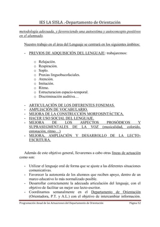 IES LA SISLA .-Departamento de Orientación

metodología adecuada, y favoreciendo una autoestima y autoconcepto positivos
en el alumnado.

   Nuestro trabajo en el área del Lenguaje se centrará en los siguientes ámbitos:

   - PREVIOS DE ADQUISICIÓN DEL LENGUAJE: trabajaremos:

           o   Relajación.
           o   Respiración.
           o   Soplo.
           o   Praxias linguobucofaciales.
           o   Atención.
           o   Imitación.
           o   Ritmo.
           o   Estructuracion espacio-temporal.
           o   Discriminación auditiva…

   - ARTICULACIÓN DE LOS DIFERENTES FONEMAS.
   - AMPLIACIÓN DE VOCABULARIO.
   - MEJORA DE LA CONSTRUCCIÓN MORFOSINTÁCTICA.
   - HACER USO SOCIAL DEL LENGUAJE.
   - MEJORA         DE   LOS ASPECTOS   PROSÓDICOS   Y
     SUPRASEGMENTALES DE LA VOZ (musicalidad, colorido,
     entonación, ritmo…)
   - MEJORA, AMPLIACIÓN Y DESARROLLO DE LA LECTO-
     ESCRITURA.


  Además de este objetivo general, llevaremos a cabo otras líneas de actuación
como son:

   - Utilizar el lenguaje oral de forma que se ajuste a las diferentes situaciones
     comunicativas.
   - Favorecer la autonomía de los alumnos que reciben apoyo, dentro de un
     marco educativo lo más normalizado posible.
   - Desarrollar correctamente la adecuada articulación del lenguaje, con el
     objetivo de facilitar un mejor uso lecto-escritor.
   - Coordinarnos semanalmente en el Departamento de Orientación
     (Orientadora, P.T. y A.L.) con el objetivo de intercambiar información.
Programación Anual de las Actuaciones del Departamento de Orientación     Página 52
 