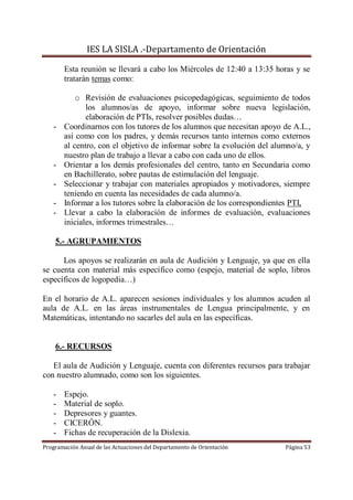 IES LA SISLA .-Departamento de Orientación

       Esta reunión se llevará a cabo los Miércoles de 12:40 a 13:35 horas y se
       tratarán temas como:

           o Revisión de evaluaciones psicopedagógicas, seguimiento de todos
              los alumnos/as de apoyo, informar sobre nueva legislación,
              elaboración de PTIs, resolver posibles dudas…
   -   Coordinarnos con los tutores de los alumnos que necesitan apoyo de A.L.,
       así como con los padres, y demás recursos tanto internos como externos
       al centro, con el objetivo de informar sobre la evolución del alumno/a, y
       nuestro plan de trabajo a llevar a cabo con cada uno de ellos.
   -   Orientar a los demás profesionales del centro, tanto en Secundaria como
       en Bachillerato, sobre pautas de estimulación del lenguaje.
   -   Seleccionar y trabajar con materiales apropiados y motivadores, siempre
       teniendo en cuenta las necesidades de cada alumno/a.
   -   Informar a los tutores sobre la elaboración de los correspondientes PTI,
   -   Llevar a cabo la elaboración de informes de evaluación, evaluaciones
       iniciales, informes trimestrales…

    5.- AGRUPAMIENTOS

      Los apoyos se realizarán en aula de Audición y Lenguaje, ya que en ella
se cuenta con material más específico como (espejo, material de soplo, libros
específicos de logopedia…)

En el horario de A.L. aparecen sesiones individuales y los alumnos acuden al
aula de A.L. en las áreas instrumentales de Lengua principalmente, y en
Matemáticas, intentando no sacarles del aula en las específicas.


    6.- RECURSOS

   El aula de Audición y Lenguaje, cuenta con diferentes recursos para trabajar
con nuestro alumnado, como son los siguientes.

   -   Espejo.
   -   Material de soplo.
   -   Depresores y guantes.
   -   CICERÓN.
   -   Fichas de recuperación de la Dislexia.
Programación Anual de las Actuaciones del Departamento de Orientación   Página 53
 