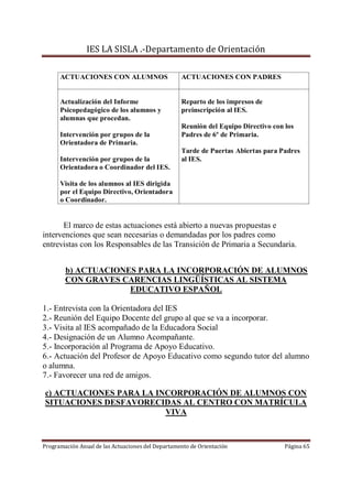 IES LA SISLA .-Departamento de Orientación

      ACTUACIONES CON ALUMNOS                      ACTUACIONES CON PADRES


      Actualización del Informe                    Reparto de los impresos de
      Psicopedagógico de los alumnos y             preinscripción al IES.
      alumnas que procedan.
                                                   Reunión del Equipo Directivo con los
      Intervención por grupos de la                Padres de 6º de Primaria.
      Orientadora de Primaria.
                                                   Tarde de Puertas Abiertas para Padres
      Intervención por grupos de la                al IES.
      Orientadora o Coordinador del IES.

      Visita de los alumnos al IES dirigida
      por el Equipo Directivo, Orientadora
      o Coordinador.


      El marco de estas actuaciones está abierto a nuevas propuestas e
intervenciones que sean necesarias o demandadas por los padres como
entrevistas con los Responsables de las Transición de Primaria a Secundaria.


        b) ACTUACIONES PARA LA INCORPORACIÓN DE ALUMNOS
        CON GRAVES CARENCIAS LINGÜÍSTICAS AL SISTEMA
                     EDUCATIVO ESPAÑOL

1.- Entrevista con la Orientadora del IES
2.- Reunión del Equipo Docente del grupo al que se va a incorporar.
3.- Visita al IES acompañado de la Educadora Social
4.- Designación de un Alumno Acompañante.
5.- Incorporación al Programa de Apoyo Educativo.
6.- Actuación del Profesor de Apoyo Educativo como segundo tutor del alumno
o alumna.
7.- Favorecer una red de amigos.

c) ACTUACIONES PARA LA INCORPORACIÓN DE ALUMNOS CON
SITUACIONES DESFAVORECIDAS AL CENTRO CON MATRÍCULA
                         VIVA



Programación Anual de las Actuaciones del Departamento de Orientación               Página 65
 