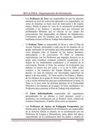 IES LA SISLA .-Departamento de Orientación

               - Los Profesores de Área son responsables de que los alumnos
                 alcancen un nivel de instrucción adecuado a sus capacidades, así
                 como de fomentar un buen nivel de motivación y de respeto
                 mutuo. Desde el punto de vista de la orientación profesional
                 estimulan a los alumnos y alumnas para que conozcan las
                 posibilidades laborales que se ofrecen en ese campo del
                 conocimiento. Son responsables de elaborar las Adaptaciones
                 Curriculares para los alumnos que lo necesiten. Igualmente
                 facilitarán al tutor el Plan de Trabajo Individualizado.

               - El Profesor Tutor es responsable de llevar a cabo el Plan de
                 Acción Tutorial, tutorizando a cada uno de los alumnos de su
                 grupo, realizando las actividades que están propuestas para cada
                 curso dirigidas éstas al fomento de los valores humanos,
                 democráticos y de convivencia. El Tutor se relaciona
                 especialmente con los Profesores que imparten docencia en su
                 grupo para coordinar cualquier actuación encaminada a la
                 mejora de los rendimientos académicos y al fomento de la
                 convivencia. Preside el Tutor las sesiones de Evaluación que
                 hubiere, al menos tres por curso y si es de la ESO, cuatro
                 sesiones, y las reuniones del Equipo Docente cuando sea
                 preciso, en caso de alumnos con necesidades específicas de
                 apoyo o de otra índole... El Tutor recibe a los Padres y Madres
                 de los alumnos de su grupo de forma regular a lo largo del curso
                 y da y recibe información para que coordinadamente se actúe. El
                 Tutor es el nexo entre las distintas personas de la Comunidad
                 Educativa y los alumnos de su grupo. El Tutor coordinará a los
                 Profesores para concretar el Plan de Trabajo Individualizado.

               - El Tutor individualizado responsable del seguimiento
                 personalizado de un alumno a nivel personal, social y
                 académico, en coordinación con su Profesor Tutor, Jefatura de
                 Estudios, Orientación y Familia. (Este curso no tenemos)

               - Los Profesores de Apoyo, de Pedagogía Terapéutica, que
                 forman parte del Departamento de Orientación son responsables
                 de la atención directa al alumno, de la coordinación con los
                 Profesores de Lengua y Matemáticas, áreas objeto del apoyo
                 especializado, de la coordinación entre los padres y madres de
Programación Anual de las Actuaciones del Departamento de Orientación    Página 67
 