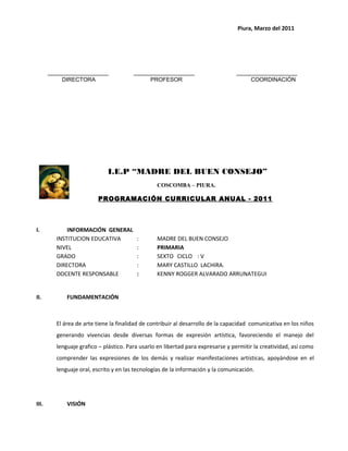 Piura, Marzo del 2011
I.E.P “MADRE DEL BUEN CONSEJO”
COSCOMBA – PIURA.
PROGRAMACIÓN CURRICULAR ANUAL - 2011
I. INFORMACIÓN GENERAL
INSTITUCION EDUCATIVA : MADRE DEL BUEN CONSEJO
NIVEL : PRIMARIA
GRADO : SEXTO CICLO : V
DIRECTORA : MARY CASTILLO LACHIRA.
DOCENTE RESPONSABLE : KENNY ROGGER ALVARADO ARRUNATEGUI
II. FUNDAMENTACIÓN
El área de arte tiene la finalidad de contribuir al desarrollo de la capacidad comunicativa en los niños
generando vivencias desde diversas formas de expresión artística, favoreciendo el manejo del
lenguaje grafico – plástico. Para usarlo en libertad para expresarse y permitir la creatividad, así como
comprender las expresiones de los demás y realizar manifestaciones artísticas, apoyándose en el
lenguaje oral, escrito y en las tecnologías de la información y la comunicación.
III. VISIÓN
DIRECTORA PROFESOR COORDINACIÓN
 