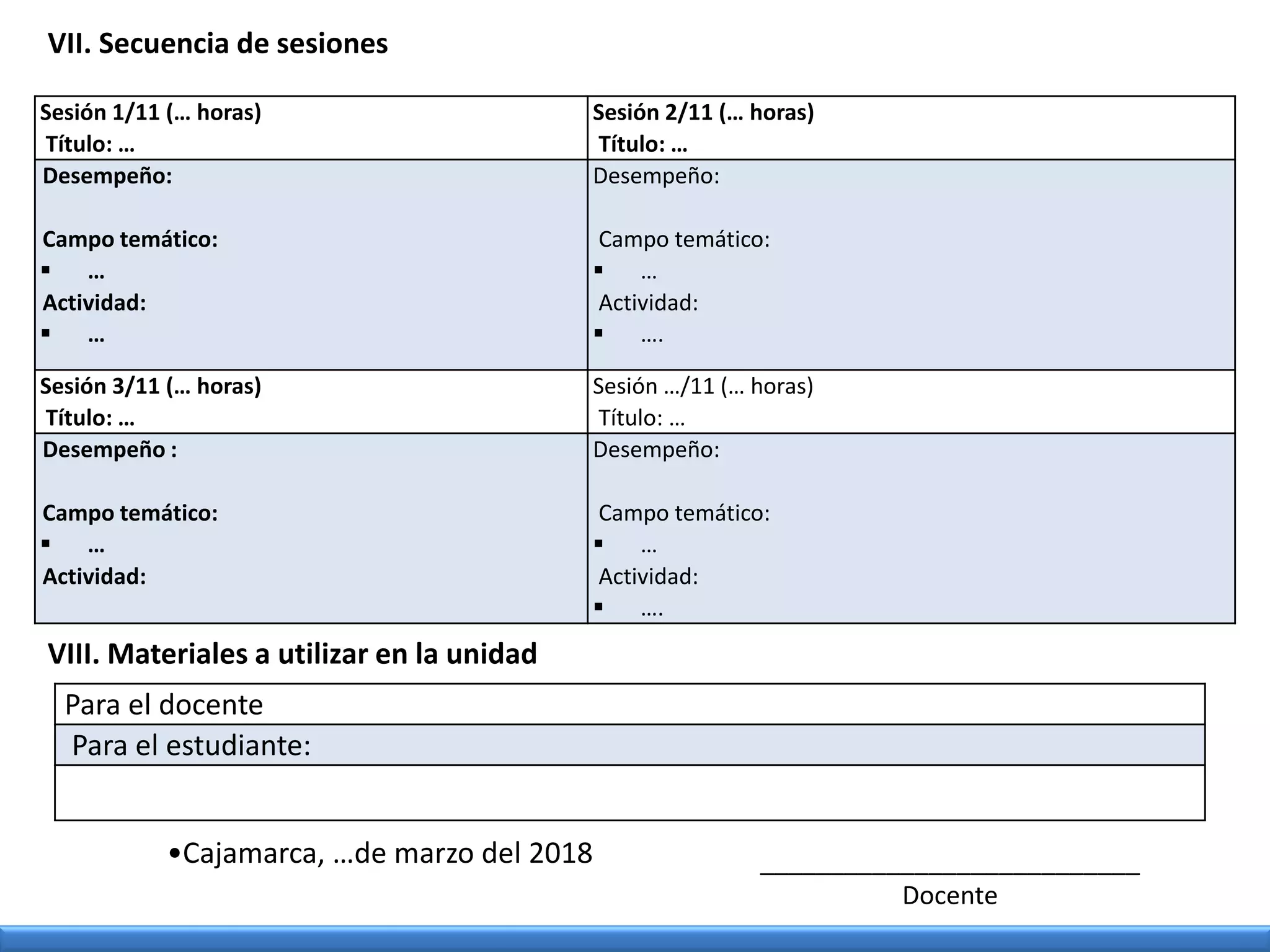 VII. Secuencia de sesiones
Sesión 1/11 (… horas)
Título: …
Sesión 2/11 (… horas)
Título: …
Desempeño:
Campo temático:
 …
Actividad:
 …
Desempeño:
Campo temático:
 …
Actividad:
 ….
Sesión 3/11 (… horas)
Título: …
Sesión …/11 (… horas)
Título: …
Desempeño :
Campo temático:
 …
Actividad:
Desempeño:
Campo temático:
 …
Actividad:
 ….
VIII. Materiales a utilizar en la unidad
Para el docente
Para el estudiante:
___________________________
Docente
•Cajamarca, …de marzo del 2018
 