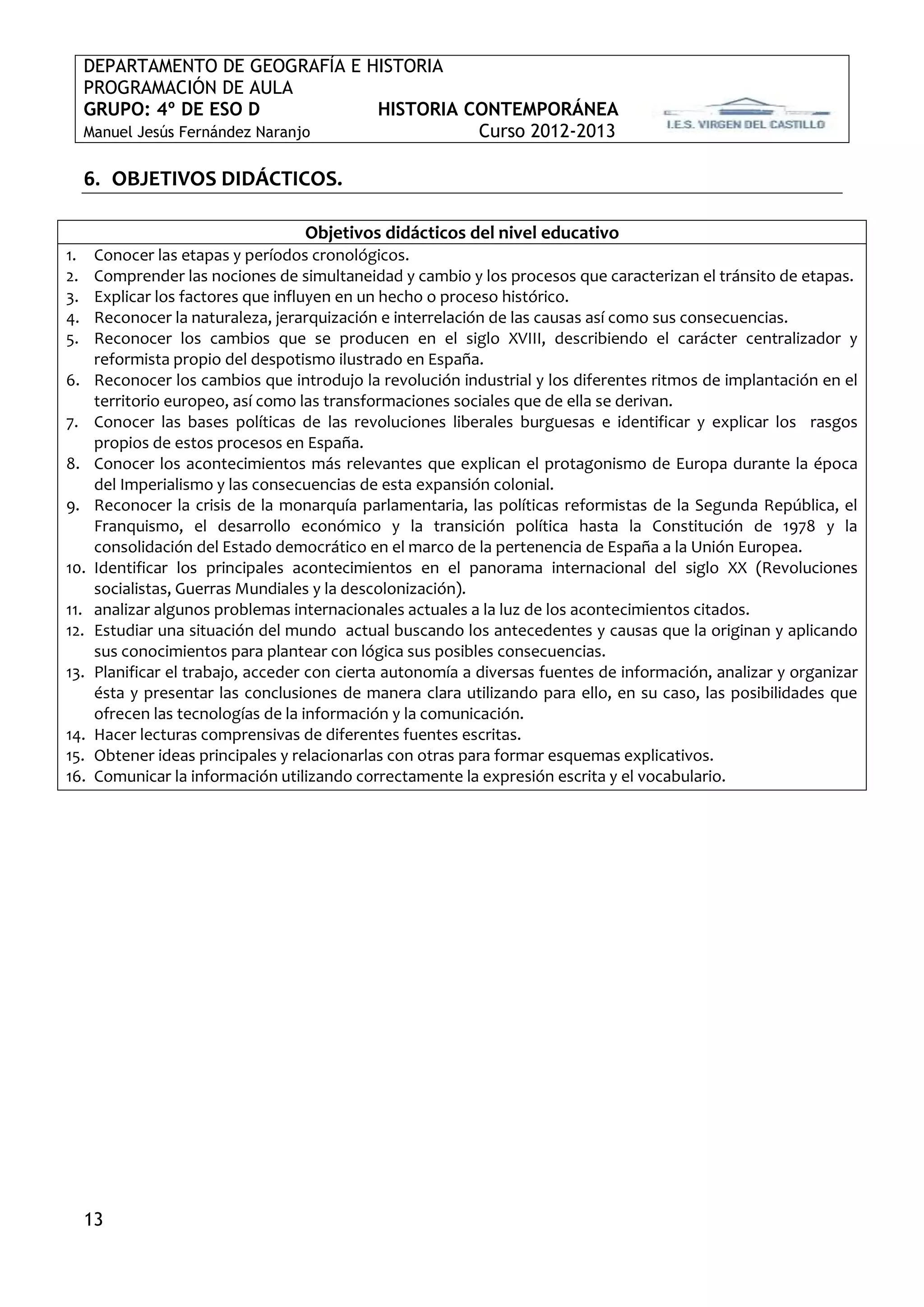 DEPARTAMENTO DE GEOGRAFÍA E HISTORIA
     PROGRAMACIÓN DE AULA
     GRUPO: 4º DE ESO D             HISTORIA CONTEMPORÁNEA
     Manuel Jesús Fernández Naranjo           Curso 2012-2013

     6. OBJETIVOS DIDÁCTICOS.

                                   Objetivos didácticos del nivel educativo
1.    Conocer las etapas y períodos cronológicos.
2.    Comprender las nociones de simultaneidad y cambio y los procesos que caracterizan el tránsito de etapas.
3.    Explicar los factores que influyen en un hecho o proceso histórico.
4.    Reconocer la naturaleza, jerarquización e interrelación de las causas así como sus consecuencias.
5.    Reconocer los cambios que se producen en el siglo XVIII, describiendo el carácter centralizador y
      reformista propio del despotismo ilustrado en España.
6.    Reconocer los cambios que introdujo la revolución industrial y los diferentes ritmos de implantación en el
      territorio europeo, así como las transformaciones sociales que de ella se derivan.
7.    Conocer las bases políticas de las revoluciones liberales burguesas e identificar y explicar los rasgos
      propios de estos procesos en España.
8.    Conocer los acontecimientos más relevantes que explican el protagonismo de Europa durante la época
      del Imperialismo y las consecuencias de esta expansión colonial.
9.    Reconocer la crisis de la monarquía parlamentaria, las políticas reformistas de la Segunda República, el
      Franquismo, el desarrollo económico y la transición política hasta la Constitución de 1978 y la
      consolidación del Estado democrático en el marco de la pertenencia de España a la Unión Europea.
10.   Identificar los principales acontecimientos en el panorama internacional del siglo XX (Revoluciones
      socialistas, Guerras Mundiales y la descolonización).
11.   analizar algunos problemas internacionales actuales a la luz de los acontecimientos citados.
12.   Estudiar una situación del mundo actual buscando los antecedentes y causas que la originan y aplicando
      sus conocimientos para plantear con lógica sus posibles consecuencias.
13.   Planificar el trabajo, acceder con cierta autonomía a diversas fuentes de información, analizar y organizar
      ésta y presentar las conclusiones de manera clara utilizando para ello, en su caso, las posibilidades que
      ofrecen las tecnologías de la información y la comunicación.
14.   Hacer lecturas comprensivas de diferentes fuentes escritas.
15.   Obtener ideas principales y relacionarlas con otras para formar esquemas explicativos.
16.   Comunicar la información utilizando correctamente la expresión escrita y el vocabulario.




     13
 