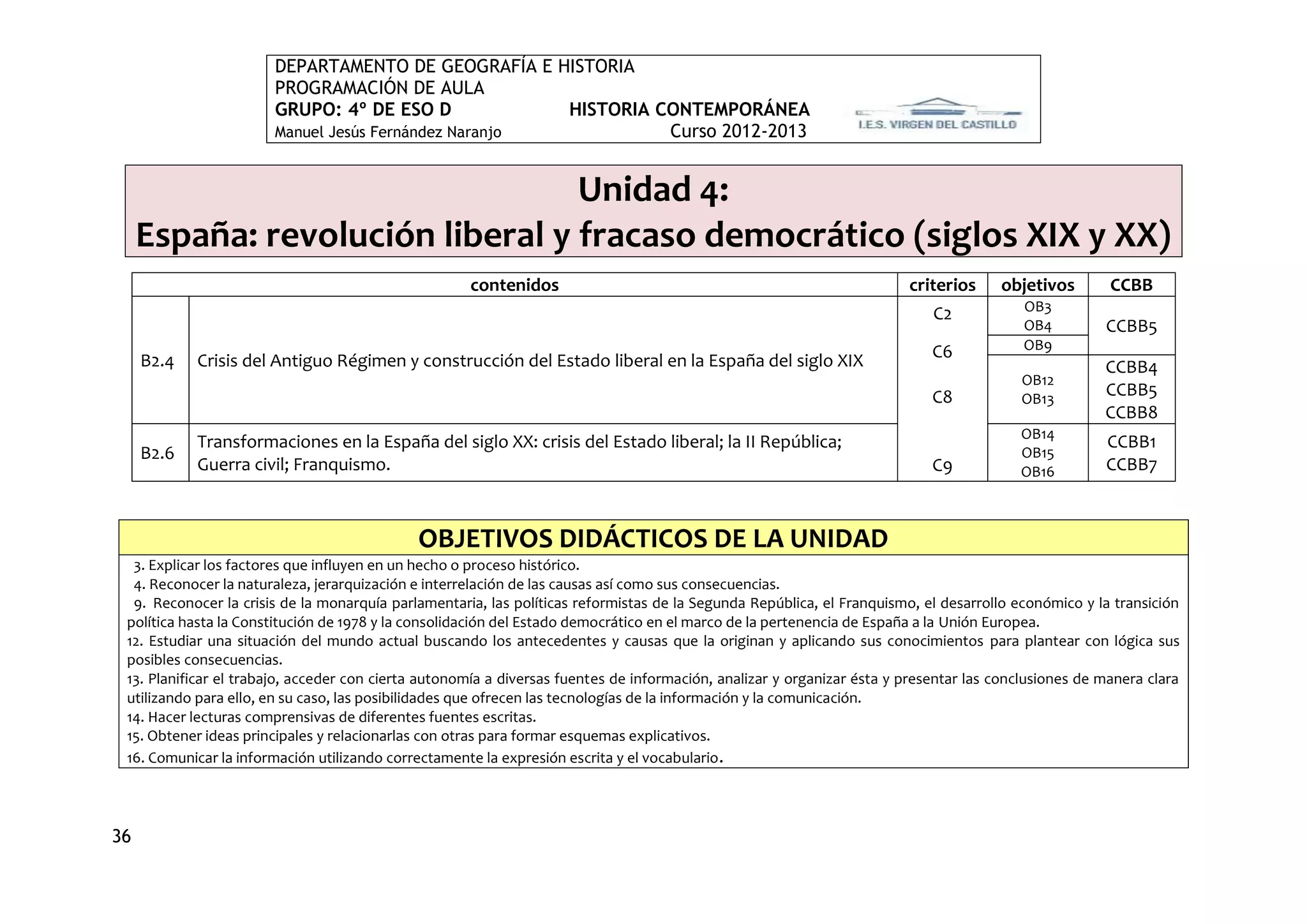DEPARTAMENTO DE GEOGRAFÍA E HISTORIA
                       PROGRAMACIÓN DE AULA
                       GRUPO: 4º DE ESO D             HISTORIA CONTEMPORÁNEA
                       Manuel Jesús Fernández Naranjo           Curso 2012-2013


                                  Unidad 4:
     España: revolución liberal y fracaso democrático (siglos XIX y XX)
                                                     contenidos                                                         criterios     objetivos        CCBB
                                                                                                                                          OB3
                                                                                                                            C2
                                                                                                                                          OB4         CCBB5
                                                                                                                            C6            OB9
     B2.4   Crisis del Antiguo Régimen y construcción del Estado liberal en la España del siglo XIX                                                   CCBB4
                                                                                                                                         OB12
                                                                                                                            C8           OB13
                                                                                                                                                      CCBB5
                                                                                                                                                      CCBB8
                                                                                                                                         OB14
            Transformaciones en la España del siglo XX: crisis del Estado liberal; la II República;                                                   CCBB1
     B2.6                                                                                                                                OB15
            Guerra civil; Franquismo.                                                                                       C9           OB16         CCBB7



                                             OBJETIVOS DIDÁCTICOS DE LA UNIDAD
  3. Explicar los factores que influyen en un hecho o proceso histórico.
  4. Reconocer la naturaleza, jerarquización e interrelación de las causas así como sus consecuencias.
  9. Reconocer la crisis de la monarquía parlamentaria, las políticas reformistas de la Segunda República, el Franquismo, el desarrollo económico y la transición
 política hasta la Constitución de 1978 y la consolidación del Estado democrático en el marco de la pertenencia de España a la Unión Europea.
 12. Estudiar una situación del mundo actual buscando los antecedentes y causas que la originan y aplicando sus conocimientos para plantear con lógica sus
 posibles consecuencias.
 13. Planificar el trabajo, acceder con cierta autonomía a diversas fuentes de información, analizar y organizar ésta y presentar las conclusiones de manera clara
 utilizando para ello, en su caso, las posibilidades que ofrecen las tecnologías de la información y la comunicación.
 14. Hacer lecturas comprensivas de diferentes fuentes escritas.
 15. Obtener ideas principales y relacionarlas con otras para formar esquemas explicativos.
 16. Comunicar la información utilizando correctamente la expresión escrita y el vocabulario .




36
 
