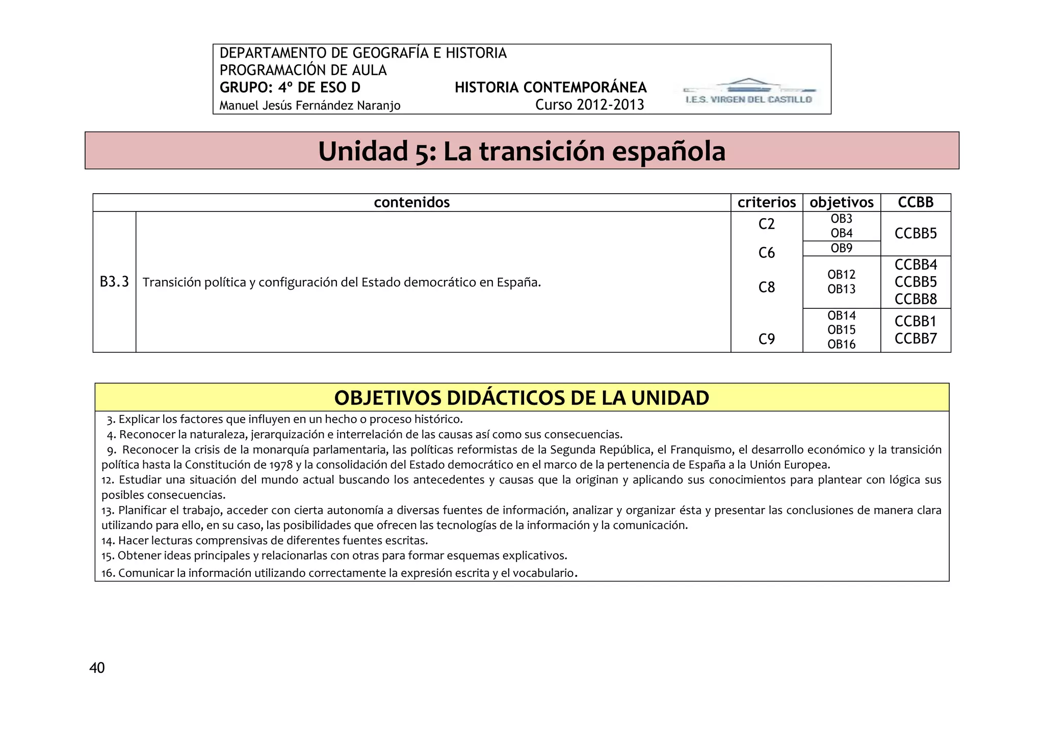 DEPARTAMENTO DE GEOGRAFÍA E HISTORIA
                       PROGRAMACIÓN DE AULA
                       GRUPO: 4º DE ESO D             HISTORIA CONTEMPORÁNEA
                       Manuel Jesús Fernández Naranjo           Curso 2012-2013


                                          Unidad 5: La transición española
                                                     contenidos                                                           criterios objetivos            CCBB
                                                                                                                                       OB3
                                                                                                                             C2
                                                                                                                                            OB4         CCBB5
                                                                                                                              C6            OB9
                                                                                                                                                        CCBB4
                                                                                                                                            OB12
 B3.3 Transición política y configuración del Estado democrático en España.                                                   C8            OB13
                                                                                                                                                        CCBB5
                                                                                                                                                        CCBB8
                                                                                                                                            OB14
                                                                                                                                                        CCBB1
                                                                                                                                            OB15
                                                                                                                              C9            OB16        CCBB7



                                             OBJETIVOS DIDÁCTICOS DE LA UNIDAD
  3. Explicar los factores que influyen en un hecho o proceso histórico.
  4. Reconocer la naturaleza, jerarquización e interrelación de las causas así como sus consecuencias.
  9. Reconocer la crisis de la monarquía parlamentaria, las políticas reformistas de la Segunda República, el Franquismo, el desarrollo económico y la transición
 política hasta la Constitución de 1978 y la consolidación del Estado democrático en el marco de la pertenencia de España a la Unión Europea.
 12. Estudiar una situación del mundo actual buscando los antecedentes y causas que la originan y aplicando sus conocimientos para plantear con lógica sus
 posibles consecuencias.
 13. Planificar el trabajo, acceder con cierta autonomía a diversas fuentes de información, analizar y organizar ésta y presentar las conclusiones de manera clara
 utilizando para ello, en su caso, las posibilidades que ofrecen las tecnologías de la información y la comunicación.
 14. Hacer lecturas comprensivas de diferentes fuentes escritas.
 15. Obtener ideas principales y relacionarlas con otras para formar esquemas explicativos.
 16. Comunicar la información utilizando correctamente la expresión escrita y el vocabulario .




40
 
