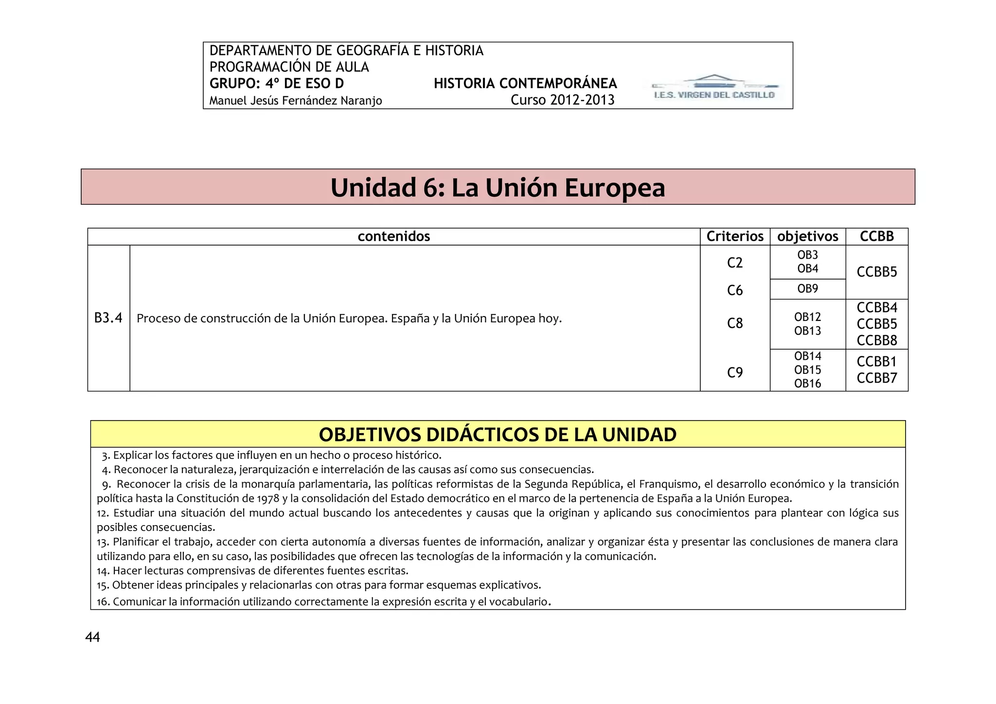 DEPARTAMENTO DE GEOGRAFÍA E HISTORIA
                       PROGRAMACIÓN DE AULA
                       GRUPO: 4º DE ESO D             HISTORIA CONTEMPORÁNEA
                       Manuel Jesús Fernández Naranjo           Curso 2012-2013




                                               Unidad 6: La Unión Europea
                                                     contenidos                                                            Criterios objetivos            CCBB
                                                                                                                                             OB3
                                                                                                                               C2            OB4         CCBB5
                                                                                                                               C6            OB9
                                                                                                                                                         CCBB4
 B3.4 Proceso de construcción de la Unión Europea. España y la Unión Europea hoy.                                              C8           OB12
                                                                                                                                                         CCBB5
                                                                                                                                            OB13
                                                                                                                                                         CCBB8
                                                                                                                                            OB14
                                                                                                                                                         CCBB1
                                                                                                                               C9           OB15
                                                                                                                                            OB16         CCBB7



                                             OBJETIVOS DIDÁCTICOS DE LA UNIDAD
  3. Explicar los factores que influyen en un hecho o proceso histórico.
  4. Reconocer la naturaleza, jerarquización e interrelación de las causas así como sus consecuencias.
  9. Reconocer la crisis de la monarquía parlamentaria, las políticas reformistas de la Segunda República, el Franquismo, el desarrollo económico y la transición
 política hasta la Constitución de 1978 y la consolidación del Estado democrático en el marco de la pertenencia de España a la Unión Europea.
 12. Estudiar una situación del mundo actual buscando los antecedentes y causas que la originan y aplicando sus conocimientos para plantear con lógica sus
 posibles consecuencias.
 13. Planificar el trabajo, acceder con cierta autonomía a diversas fuentes de información, analizar y organizar ésta y presentar las conclusiones de manera clara
 utilizando para ello, en su caso, las posibilidades que ofrecen las tecnologías de la información y la comunicación.
 14. Hacer lecturas comprensivas de diferentes fuentes escritas.
 15. Obtener ideas principales y relacionarlas con otras para formar esquemas explicativos.
 16. Comunicar la información utilizando correctamente la expresión escrita y el vocabulario .


44
 