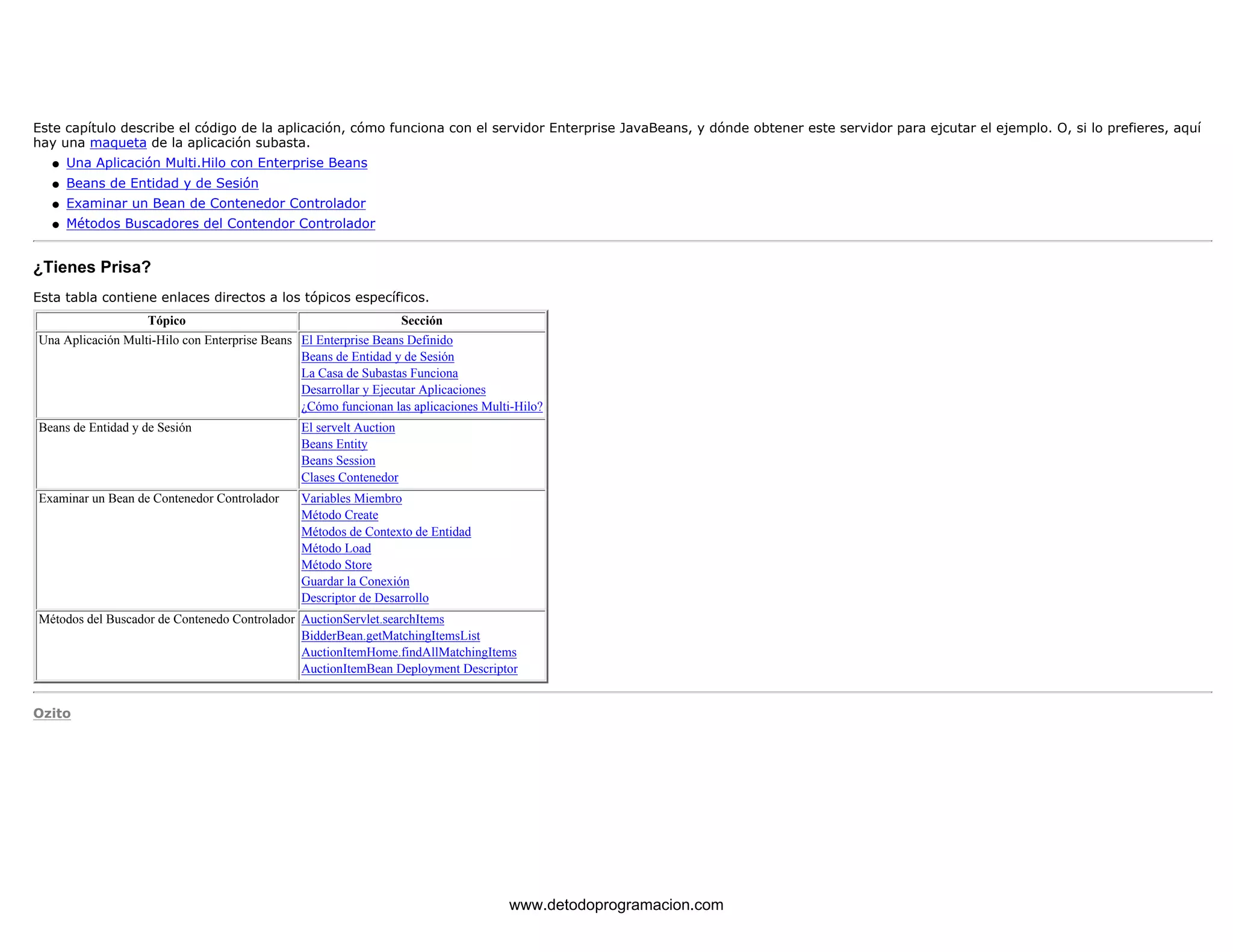 Este capítulo describe el código de la aplicación, cómo funciona con el servidor Enterprise JavaBeans, y dónde obtener este servidor para ejcutar el ejemplo. O, si lo prefieres, aquí 
hay una maqueta de la aplicación subasta. 
l   Una Aplicación Multi.Hilo con Enterprise Beans 
l   Beans de Entidad y de Sesión 
l   Examinar un Bean de Contenedor Controlador 
l   Métodos Buscadores del Contendor Controlador 
¿Tienes Prisa? 
Esta tabla contiene enlaces directos a los tópicos específicos. 
Tópico Sección 
Una Aplicación Multi-Hilo con Enterprise Beans El Enterprise Beans Definido 
Beans de Entidad y de Sesión 
La Casa de Subastas Funciona 
Desarrollar y Ejecutar Aplicaciones 
¿Cómo funcionan las aplicaciones Multi-Hilo? 
Beans de Entidad y de Sesión El servelt Auction 
Beans Entity 
Beans Session 
Clases Contenedor 
Examinar un Bean de Contenedor Controlador Variables Miembro 
Método Create 
Métodos de Contexto de Entidad 
Método Load 
Método Store 
Guardar la Conexión 
Descriptor de Desarrollo 
Métodos del Buscador de Contenedo Controlador AuctionServlet.searchItems 
BidderBean.getMatchingItemsList 
AuctionItemHome.findAllMatchingItems 
AuctionItemBean Deployment Descriptor 
Ozito 
www.detodoprogramacion.com 
 