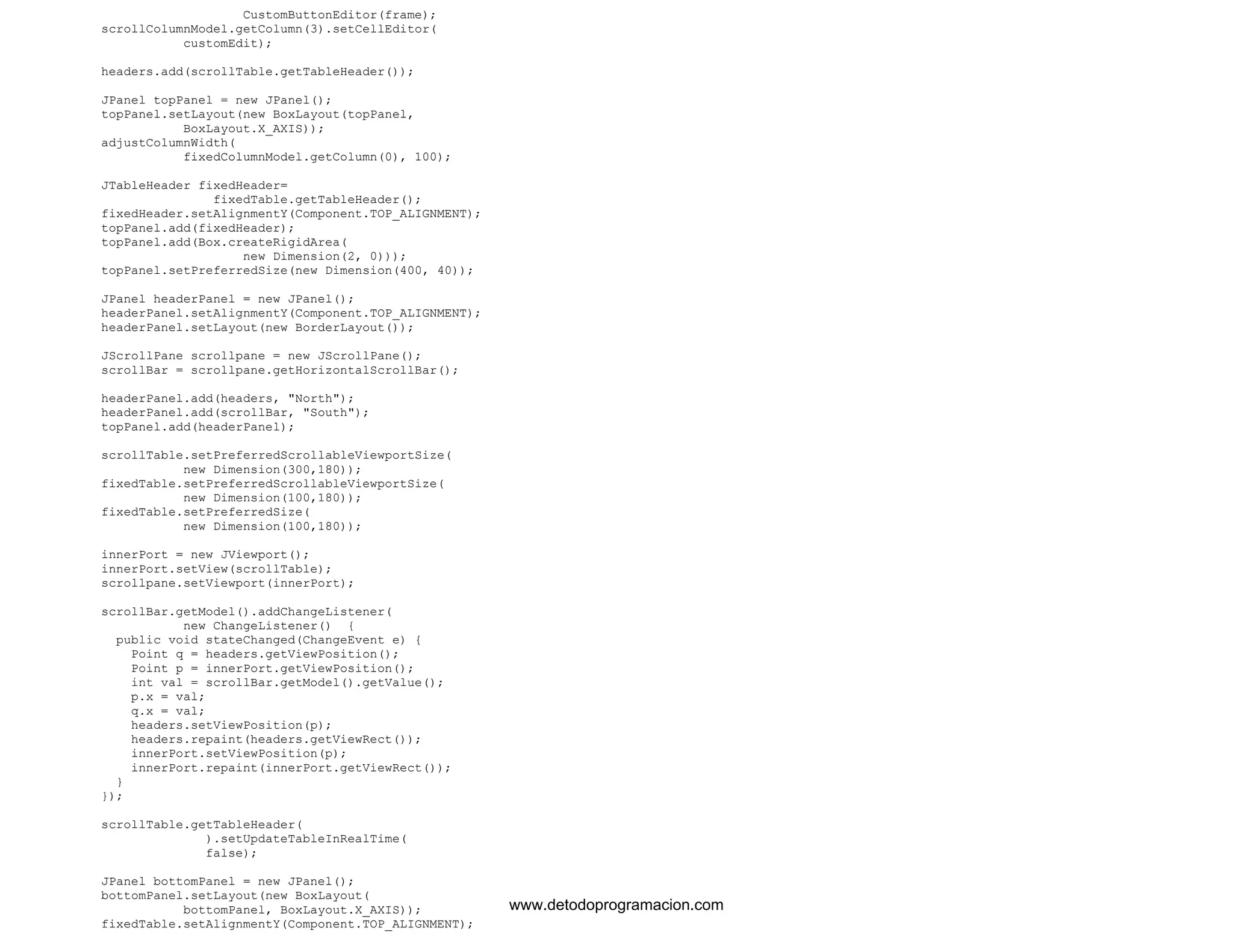 CustomButtonEditor(frame); 
scrollColumnModel.getColumn(3).setCellEditor( 
customEdit); 
headers.add(scrollTable.getTableHeader()); 
JPanel topPanel = new JPanel(); 
topPanel.setLayout(new BoxLayout(topPanel, 
BoxLayout.X_AXIS)); 
adjustColumnWidth( 
fixedColumnModel.getColumn(0), 100); 
JTableHeader fixedHeader= 
fixedTable.getTableHeader(); 
fixedHeader.setAlignmentY(Component.TOP_ALIGNMENT); 
topPanel.add(fixedHeader); 
topPanel.add(Box.createRigidArea( 
new Dimension(2, 0))); 
topPanel.setPreferredSize(new Dimension(400, 40)); 
JPanel headerPanel = new JPanel(); 
headerPanel.setAlignmentY(Component.TOP_ALIGNMENT); 
headerPanel.setLayout(new BorderLayout()); 
JScrollPane scrollpane = new JScrollPane(); 
scrollBar = scrollpane.getHorizontalScrollBar(); 
headerPanel.add(headers, "North"); 
headerPanel.add(scrollBar, "South"); 
topPanel.add(headerPanel); 
scrollTable.setPreferredScrollableViewportSize( 
new Dimension(300,180)); 
fixedTable.setPreferredScrollableViewportSize( 
new Dimension(100,180)); 
fixedTable.setPreferredSize( 
new Dimension(100,180)); 
innerPort = new JViewport(); 
innerPort.setView(scrollTable); 
scrollpane.setViewport(innerPort); 
scrollBar.getModel().addChangeListener( 
new ChangeListener() { 
public void stateChanged(ChangeEvent e) { 
Point q = headers.getViewPosition(); 
Point p = innerPort.getViewPosition(); 
int val = scrollBar.getModel().getValue(); 
p.x = val; 
q.x = val; 
headers.setViewPosition(p); 
headers.repaint(headers.getViewRect()); 
innerPort.setViewPosition(p); 
innerPort.repaint(innerPort.getViewRect()); 
} 
}); 
scrollTable.getTableHeader( 
).setUpdateTableInRealTime( 
false); 
JPanel bottomPanel = new JPanel(); 
bottomPanel.setLayout(new BoxLayout( 
bottomPanel, BoxLayout.X_AXIS)); 
fixedTable.setAlignmentY(Component.TOP_ALIGNMENT); 
www.detodoprogramacion.com 
 