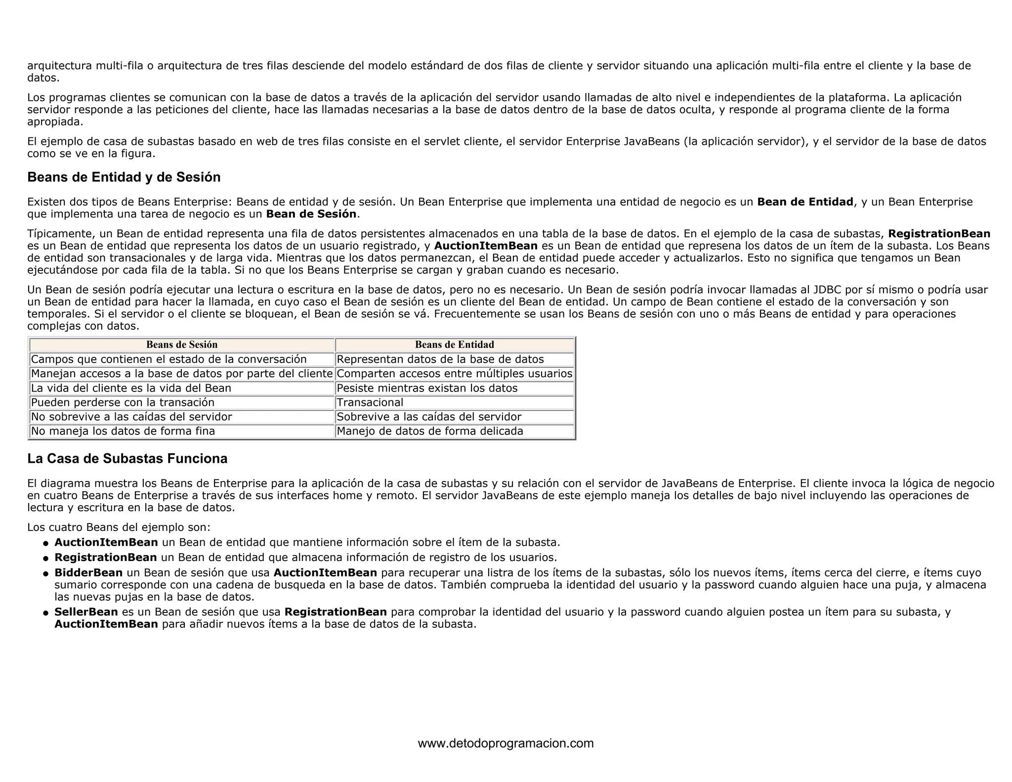 arquitectura multi-fila o arquitectura de tres filas desciende del modelo estándard de dos filas de cliente y servidor situando una aplicación multi-fila entre el cliente y la base de 
datos. 
Los programas clientes se comunican con la base de datos a través de la aplicación del servidor usando llamadas de alto nivel e independientes de la plataforma. La aplicación 
servidor responde a las peticiones del cliente, hace las llamadas necesarias a la base de datos dentro de la base de datos oculta, y responde al programa cliente de la forma 
apropiada. 
El ejemplo de casa de subastas basado en web de tres filas consiste en el servlet cliente, el servidor Enterprise JavaBeans (la aplicación servidor), y el servidor de la base de datos 
como se ve en la figura. 
Beans de Entidad y de Sesión 
Existen dos tipos de Beans Enterprise: Beans de entidad y de sesión. Un Bean Enterprise que implementa una entidad de negocio es un Bean de Entidad, y un Bean Enterprise 
que implementa una tarea de negocio es un Bean de Sesión. 
Típicamente, un Bean de entidad representa una fila de datos persistentes almacenados en una tabla de la base de datos. En el ejemplo de la casa de subastas, RegistrationBean 
es un Bean de entidad que representa los datos de un usuario registrado, y AuctionItemBean es un Bean de entidad que represena los datos de un ítem de la subasta. Los Beans 
de entidad son transacionales y de larga vida. Mientras que los datos permanezcan, el Bean de entidad puede acceder y actualizarlos. Esto no significa que tengamos un Bean 
ejecutándose por cada fila de la tabla. Si no que los Beans Enterprise se cargan y graban cuando es necesario. 
Un Bean de sesión podría ejecutar una lectura o escritura en la base de datos, pero no es necesario. Un Bean de sesión podría invocar llamadas al JDBC por sí mismo o podría usar 
un Bean de entidad para hacer la llamada, en cuyo caso el Bean de sesión es un cliente del Bean de entidad. Un campo de Bean contiene el estado de la conversación y son 
temporales. Si el servidor o el cliente se bloquean, el Bean de sesión se vá. Frecuentemente se usan los Beans de sesión con uno o más Beans de entidad y para operaciones 
complejas con datos. 
Beans de Sesión Beans de Entidad 
Campos que contienen el estado de la conversación Representan datos de la base de datos 
Manejan accesos a la base de datos por parte del cliente Comparten accesos entre múltiples usuarios 
La vida del cliente es la vida del Bean Pesiste mientras existan los datos 
Pueden perderse con la transación Transacional 
No sobrevive a las caídas del servidor Sobrevive a las caídas del servidor 
No maneja los datos de forma fina Manejo de datos de forma delicada 
La Casa de Subastas Funciona 
El diagrama muestra los Beans de Enterprise para la aplicación de la casa de subastas y su relación con el servidor de JavaBeans de Enterprise. El cliente invoca la lógica de negocio 
en cuatro Beans de Enterprise a través de sus interfaces home y remoto. El servidor JavaBeans de este ejemplo maneja los detalles de bajo nivel incluyendo las operaciones de 
lectura y escritura en la base de datos. 
Los cuatro Beans del ejemplo son: 
l   AuctionItemBean un Bean de entidad que mantiene información sobre el ítem de la subasta. 
l   RegistrationBean un Bean de entidad que almacena información de registro de los usuarios. 
l    
BidderBean un Bean de sesión que usa AuctionItemBean para recuperar una listra de los ítems de la subastas, sólo los nuevos ítems, ítems cerca del cierre, e ítems cuyo 
sumario corresponde con una cadena de busqueda en la base de datos. También comprueba la identidad del usuario y la password cuando alguien hace una puja, y almacena 
las nuevas pujas en la base de datos. 
SellerBean es un Bean de sesión que usa RegistrationBean para comprobar la identidad del usuario y la password cuando alguien postea un ítem para su subasta, y 
AuctionItemBean para añadir nuevos ítems a la base de datos de la subasta. 
l    
www.detodoprogramacion.com 
 