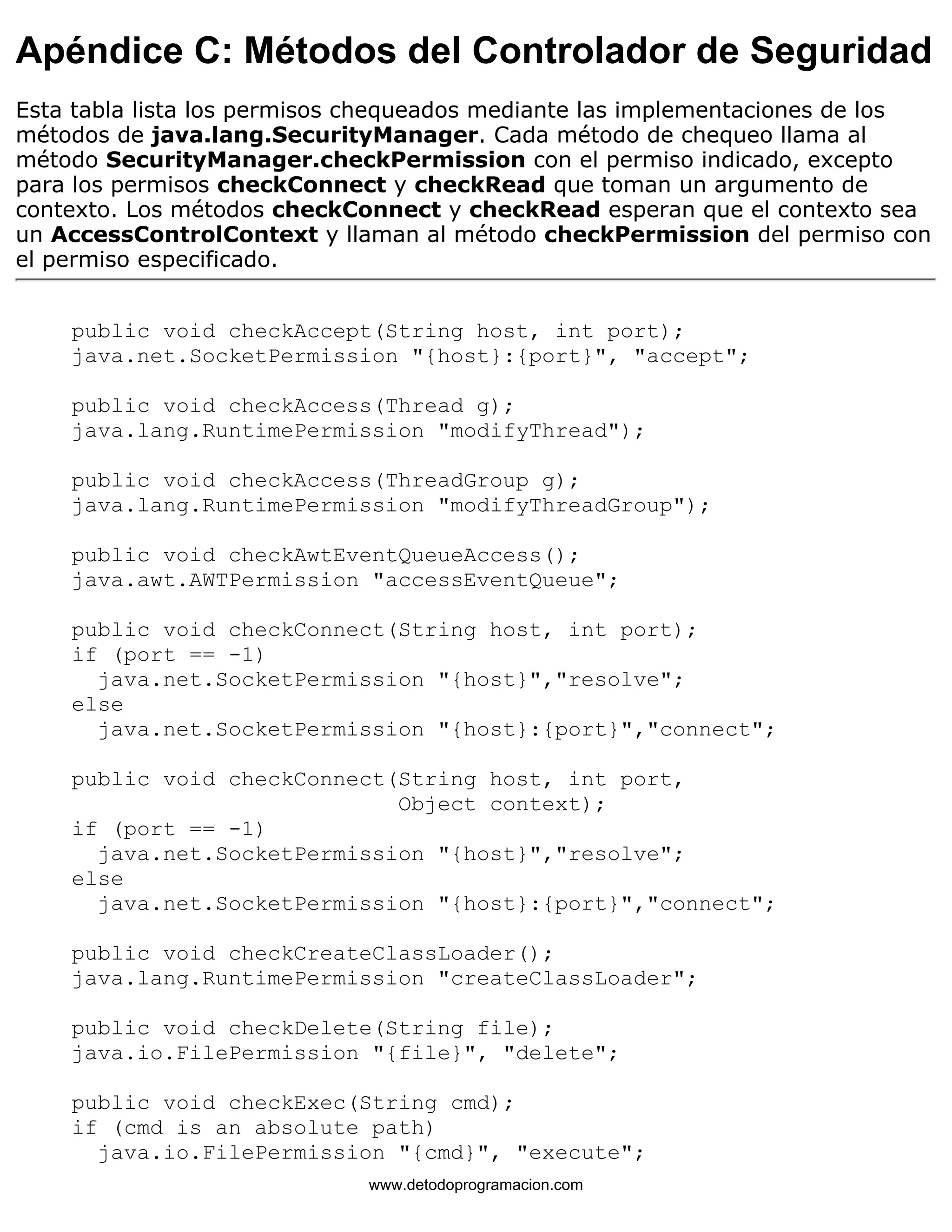 Apéndice C: Métodos del Controlador de Seguridad 
Esta tabla lista los permisos chequeados mediante las implementaciones de los 
métodos de java.lang.SecurityManager. Cada método de chequeo llama al 
método SecurityManager.checkPermission con el permiso indicado, excepto 
para los permisos checkConnect y checkRead que toman un argumento de 
contexto. Los métodos checkConnect y checkRead esperan que el contexto sea 
un AccessControlContext y llaman al método checkPermission del permiso con 
el permiso especificado. 
public void checkAccept(String host, int port); 
java.net.SocketPermission "{host}:{port}", "accept"; 
public void checkAccess(Thread g); 
java.lang.RuntimePermission "modifyThread"); 
public void checkAccess(ThreadGroup g); 
java.lang.RuntimePermission "modifyThreadGroup"); 
public void checkAwtEventQueueAccess(); 
java.awt.AWTPermission "accessEventQueue"; 
public void checkConnect(String host, int port); 
if (port == -1) 
java.net.SocketPermission "{host}","resolve"; 
else 
java.net.SocketPermission "{host}:{port}","connect"; 
public void checkConnect(String host, int port, 
Object context); 
if (port == -1) 
java.net.SocketPermission "{host}","resolve"; 
else 
java.net.SocketPermission "{host}:{port}","connect"; 
public void checkCreateClassLoader(); 
java.lang.RuntimePermission "createClassLoader"; 
public void checkDelete(String file); 
java.io.FilePermission "{file}", "delete"; 
public void checkExec(String cmd); 
if (cmd is an absolute path) 
java.io.FilePermission "{cmd}", "execute"; 
www.detodoprogramacion.com 
 