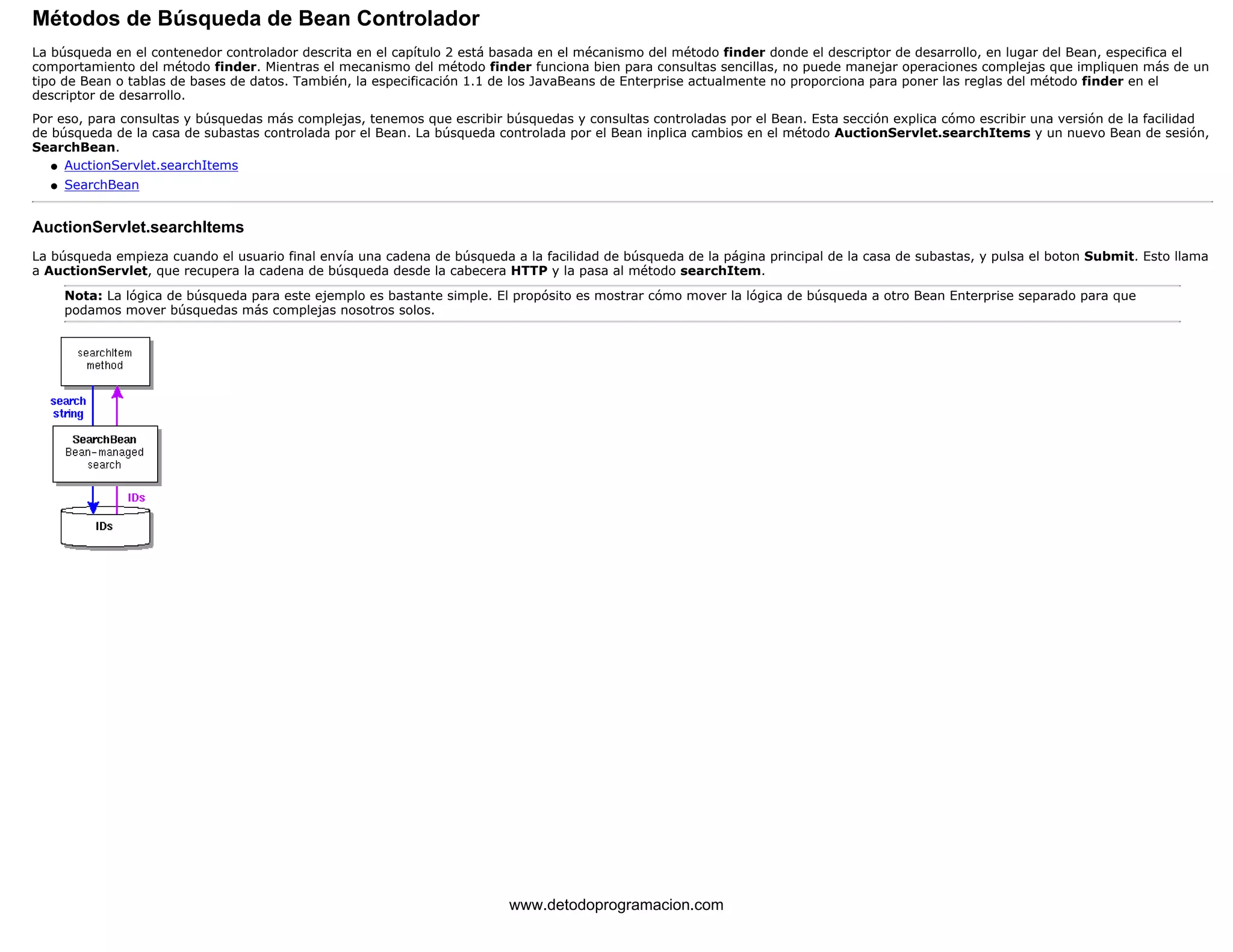 Métodos de Búsqueda de Bean Controlador 
La búsqueda en el contenedor controlador descrita en el capítulo 2 está basada en el mécanismo del método finder donde el descriptor de desarrollo, en lugar del Bean, especifica el 
comportamiento del método finder. Mientras el mecanismo del método finder funciona bien para consultas sencillas, no puede manejar operaciones complejas que impliquen más de un 
tipo de Bean o tablas de bases de datos. También, la especificación 1.1 de los JavaBeans de Enterprise actualmente no proporciona para poner las reglas del método finder en el 
descriptor de desarrollo. 
Por eso, para consultas y búsquedas más complejas, tenemos que escribir búsquedas y consultas controladas por el Bean. Esta sección explica cómo escribir una versión de la facilidad 
de búsqueda de la casa de subastas controlada por el Bean. La búsqueda controlada por el Bean inplica cambios en el método AuctionServlet.searchItems y un nuevo Bean de sesión, 
SearchBean. 
l   AuctionServlet.searchItems 
l   SearchBean 
AuctionServlet.searchItems 
La búsqueda empieza cuando el usuario final envía una cadena de búsqueda a la facilidad de búsqueda de la página principal de la casa de subastas, y pulsa el boton Submit. Esto llama 
a AuctionServlet, que recupera la cadena de búsqueda desde la cabecera HTTP y la pasa al método searchItem. 
Nota: La lógica de búsqueda para este ejemplo es bastante simple. El propósito es mostrar cómo mover la lógica de búsqueda a otro Bean Enterprise separado para que 
podamos mover búsquedas más complejas nosotros solos. 
La 
www.detodoprogramacion.com 
 