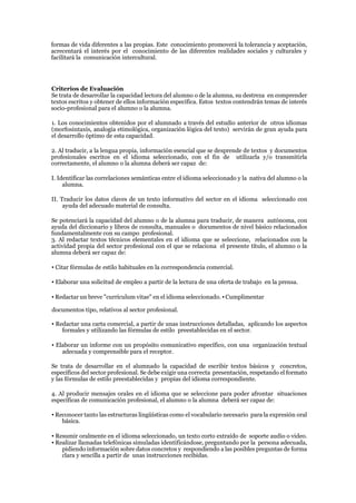 formas de vida diferentes a las propias. Este conocimiento promoverá la tolerancia y aceptación,
acrecentará el interés por el conocimiento de las diferentes realidades sociales y culturales y
facilitará la comunicación intercultural.
Criterios de Evaluación
Se trata de desarrollar la capacidad lectora del alumno o de la alumna, su destreza en comprender
textos escritos y obtener de ellos información específica. Estos textos contendrán temas de interés
socio-profesional para el alumno o la alumna.
1. Los conocimientos obtenidos por el alumnado a través del estudio anterior de otros idiomas
(morfosintaxis, analogía etimológica, organización lógica del texto) servirán de gran ayuda para
el desarrollo óptimo de esta capacidad.
2. Al traducir, a la lengua propia, información esencial que se desprende de textos y documentos
profesionales escritos en el idioma seleccionado, con el fin de utilizarla y/o transmitirla
correctamente, el alumno o la alumna deberá ser capaz de:
I. Identificar las correlaciones semánticas entre el idioma seleccionado y la nativa del alumno o la
alumna.
II. Traducir los datos claves de un texto informativo del sector en el idioma seleccionado con
ayuda del adecuado material de consulta.
Se potenciará la capacidad del alumno o de la alumna para traducir, de manera autónoma, con
ayuda del diccionario y libros de consulta, manuales o documentos de nivel básico relacionados
fundamentalmente con su campo profesional.
3. Al redactar textos técnicos elementales en el idioma que se seleccione, relacionados con la
actividad propia del sector profesional con el que se relaciona el presente título, el alumno o la
alumna deberá ser capaz de:
▪ Citar fórmulas de estilo habituales en la correspondencia comercial.
▪ Elaborar una solicitud de empleo a partir de la lectura de una oferta de trabajo en la prensa.
▪ Redactar un breve "currículum vitae" en el idioma seleccionado. ▪ Cumplimentar
documentos tipo, relativos al sector profesional.
▪ Redactar una carta comercial, a partir de unas instrucciones detalladas, aplicando los aspectos
formales y utilizando las fórmulas de estilo preestablecidas en el sector.
▪ Elaborar un informe con un propósito comunicativo específico, con una organización textual
adecuada y comprensible para el receptor.
Se trata de desarrollar en el alumnado la capacidad de escribir textos básicos y concretos,
específicos del sector profesional. Se debe exigir una correcta presentación, respetando el formato
y las fórmulas de estilo preestablecidas y propias del idioma correspondiente.
4. Al producir mensajes orales en el idioma que se seleccione para poder afrontar situaciones
específicas de comunicación profesional, el alumno o la alumna deberá ser capaz de:
▪ Reconocer tanto las estructuras lingüísticas como el vocabulario necesario para la expresión oral
básica.
▪ Resumir oralmente en el idioma seleccionado, un texto corto extraído de soporte audio o video.
▪ Realizar llamadas telefónicas simuladas identificándose, preguntando por la persona adecuada,
pidiendo información sobre datos concretos y respondiendo a las posibles preguntas de forma
clara y sencilla a partir de unas instrucciones recibidas.
 