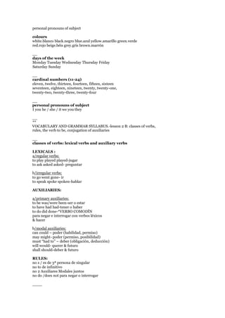personal pronouns of subject
colours
white.blanco black.negro blue.azul yellow.amarillo green.verde
red.rojo beige.béis grey.gris brown.marrón
__
days of the week
Monday Tuesday Wednesday Thursday Friday
Saturday Sunday
__
cardinal numbers (11-24)
eleven, twelve, thirteen, fourteen, fifteen, sixteen
seventeen, eighteen, nineteen, twenty, twenty-one,
twenty-two, twenty-three, twenty-four
__
personal pronouns of subject
I you he / she / it we you they
__
**
VOCABULARY AND GRAMMAR SYLLABUS.-lesson 2 B: classes of verbs,
rules, the verb to be, conjugation of auxiliaries
__
classes of verbs: lexical verbs and auxiliary verbs
LEXICALS :
a/regular verbs:
to play played played-jugar
to ask asked asked- preguntar
b/irregular verbs:
to go went gone- ir
to speak spoke spoken-hablar
AUXILIARIES:
a/primary auxiliaries:
to be was/were been-ser o estar
to have had had-tener o haber
to do did done-*VERBO COMODÍN
para negar e interrogar con verbos léxicos
& hacer
b/modal auxiliaries:
can could – poder (habilidad, permiso)
may might- poder (permiso, posibilidad)
must “had to” – deber (obligación, deducción)
will would- querer & futuro
shall should-deber & futuro
RULES:
no s / es de 3ª persona de singular
no to de infinitivo
no 2 Auxiliares Modales juntos
no do /does not para negar o interrogar
____
 