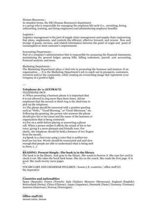 Human Resources.-
In simplest terms, the HR (Human Resources) department
is a group who is responsible for managing the employee life cycle (i.e., recruiting, hiring,
onboarding, training, and firing employees) and administering employee benefits.
Logistics.-
Logistics management is the part of supply chain management and supply chain engineering
that plans, implements, and controls the efficient, effective forward, and reverse flow and
storage of goods, services, and related information between the point of origin and point of
consumption to meet customer's requirements.
Accounting Department.-
Part of a company's administration that is responsible for preparing the financial statements,
maintaining the general ledger, paying bills, billing customers, payroll, cost accounting,
financial analysis, and more.
Marketing Department.-
The Marketing Department plays a vital role in promoting the business and mission of an
organization. ... It is the Marketing Department's job to reach out to prospects, customers,
investors and/or the community, while creating an overarching image that represents your
company in a positive light.
__
Telephone do´s: (EXTRACT)
TELEPHONE DO'S
#1 When answering a business phone it is important that
it is not allowed to ring more than three times. Advise
employees that the second or third ring is the ideal time to
pick up the telephone.
#2 The phone should be answered with a positive greeting
such as “Hello,” “Good Morning,” or “Good Afternoon,” etc.
Following the greeting, the person who answers the phone
should give his or her name and the name of the business or
organization that is being contacted.
#3 Put on a smile before placing or answering a phone
call. When a person smiles it affects the sound of his or her
voice, giving it a more pleasant and friendly tone. For
clarity, the telephone should be held a distance of two fingers
from the mouth.
#4 Speak in a clear tone using a voice that is neither too
loud nor too low. Words should be enunciated and said slow
enough that people are able to understand what is being said
to them. (...)
__
READING: Present Simple.-The book is in the library
The book is in the library. Jodi goes to the library. She wants to borrow it. She uses her card to
check it out. She takes the book back home. She sits on the couch. She reads the first page. It is
good. She reads twenty more pages.
**
VOCABULARY AND GRAMMAR SYLLABUS.- lesson 5 A: countries / office stuff (ii)
the imperative
__
Countries and nationalities
Spain (Spanish); France (French); Italy (Italian); Morocco (Moroccan); England (English);
Switzerland (Swiss); China (Chinese); Japan (Japanese); Denmark (Dane); Germany (German);
America (American); Norway (Norwegian)
__
Office stuff (ii)
mouse.ratón, mouse
 