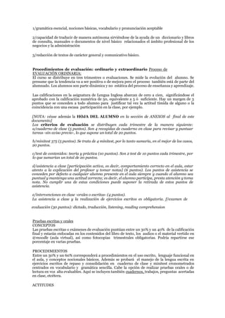 1/gramática esencial, nociones básicas, vocabulario y pronunciación aceptable
2/capacidad de traducir de manera autónoma sirviéndose de la ayuda de un diccionario y libros
de consulta, manuales o documentos de nivel básico relacionados el ámbito profesional de los
negocios y la administración
3/redacción de textos de carácter general y comunicativo básico.
Procedimientos de evaluación: ordinario y extraordinario Proceso de
EVALUACIÓN ORDINARIA:
El curso se distribuye en tres trimestres o evaluaciones. Se mide la evolución del alumno. Se
presume que la tendencia va a ser positiva o de mejora pero el proceso también está de parte del
alumnado. Los alumnos son parte dinámica y no estática del proceso de enseñanza y aprendizaje.
Las calificaciones en la asignatura de Lengua Inglesa abarcan de cero a cien, significándose el
aprobado con la calificación numérica de 50, equivalente a 5 ó suficiente. Hay un margen de 3
puntos que se conceden a todo alumno para justificar tal vez la actitud tímida de alguno o la
coincidencia con una escasa participación en la clase, por ejemplo.
[NOTA: véase además la HOJA DEL ALUMNO en la sección de ANEXOS al final de este
documento]
Los criterios de evaluación se distribuyen cada trimestre de la manera siguiente:
a/cuaderno de clase (5 puntos). Son 4 recogidas de cuaderno en clase para revisar y puntuar
tareas -sin aviso previo-, lo que supone un total de 20 puntos.
b/minitest 375 (5 puntos). Se trata de 4 minitest, por lo tanto sumaría, en el mejor de los casos,
20 puntos.
c/test de contenidos: teoría y práctica (10 puntos). Son 2 test de 10 puntos cada trimestre, por
lo que sumarían un total de 20 puntos.
d/asistencia a clase [participación activa, es decir, comportamiento correcto en el aula, estar
atento a la explicación del profesor y tomar notas] (6 puntos). Los puntos de asistencia se
conceden por defecto a cualquier alumno presente en el aula siempre y cuando el alumno sea
puntual y mantenga una actitud correcta; es decir, el alumno participa, presta atención y toma
nota. No cumplir una de estas condiciones puede suponer la retirada de estos puntos de
asistencia.
e/intervenciones en clase -orales o escritas- (4 puntos).
La asistencia a clase y la realización de ejercicios escritos es obligatoria. f/examen de
evaluación (30 puntos): dictado, traducción, listening, reading comprehension
Pruebas escritas y orales
CONCEPTOS
Las pruebas escritas o exámenes de evaluación puntúan entre un 30% y un 40% de la calificación
final y estarán enfocadas en los contenidos del libro de texto, los audios o el material vertido en
@moodle (aula virtual), así como fotocopias trimestrales obligatorias. Podría repartirse ese
porcentaje en varias pruebas.
PROCEDIMIENTOS
Entre un 50% y un 60% corresponderá a procedimientos en el uso escrito, lenguaje funcional en
el aula, y conceptos nocionales básicos. Además se probará el manejo de la lengua escrita en
ejercicios escritos de repaso y consolidación en cuaderno de clase y minitest cronometrados
centrados en vocabulario y gramática sencilla. Cabe la opción de realizar pruebas orales o de
lectura en voz alta evaluables. Aquí se incluyen también cuadernos, trabajos, preguntas acertadas
en clase, etcétera.
ACTITUDES
 