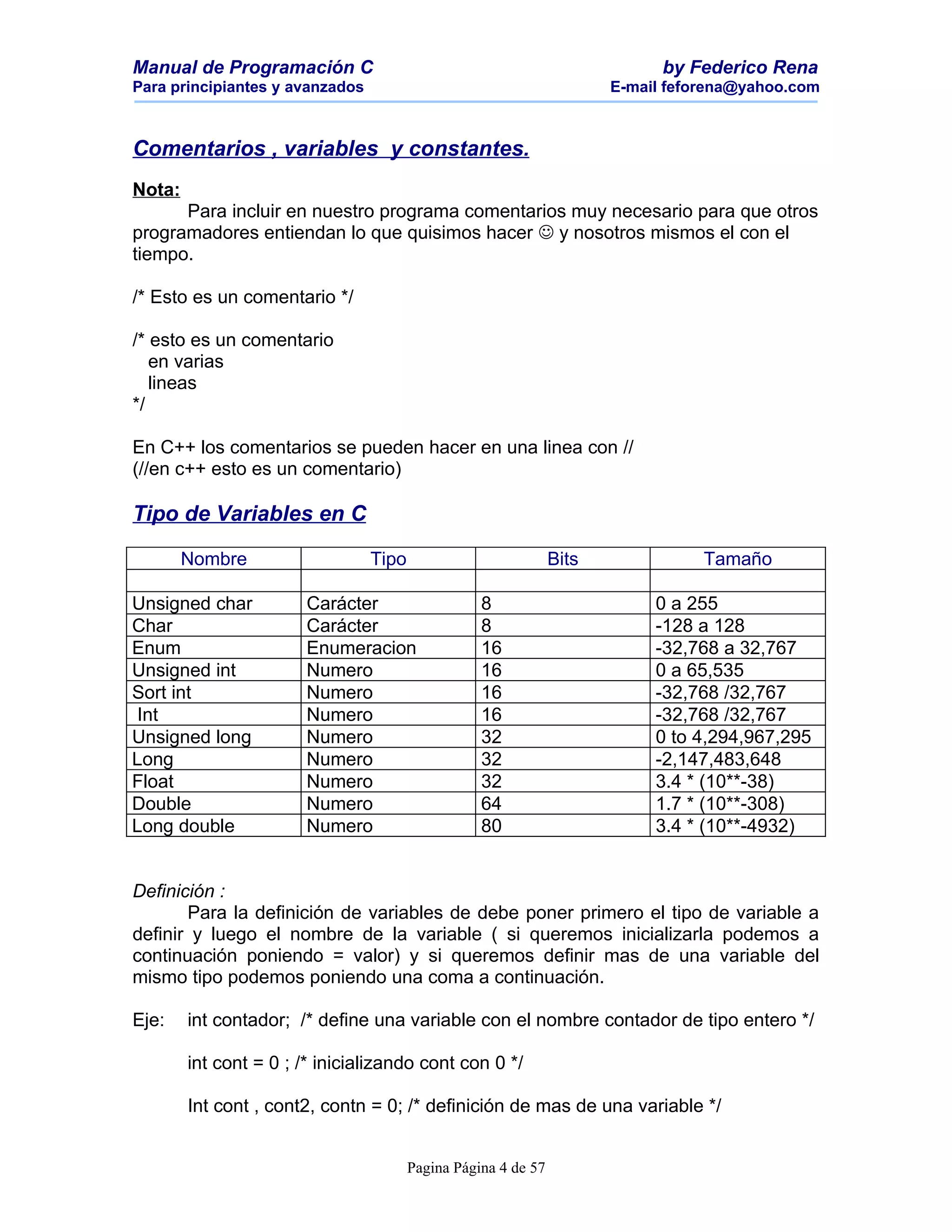 Manual de Programación C                                                     by Federico Rena
Para principiantes y avanzados                                         E-mail feforena@yahoo.com



Comentarios , variables y constantes.
Nota:
      Para incluir en nuestro programa comentarios muy necesario para que otros
programadores entiendan lo que quisimos hacer  y nosotros mismos el con el
tiempo.

/* Esto es un comentario */

/* esto es un comentario
   en varias
   lineas
*/

En C++ los comentarios se pueden hacer en una linea con //
(//en c++ esto es un comentario)

Tipo de Variables en C

        Nombre                   Tipo                           Bits              Tamaño

Unsigned char          Carácter                    8                        0 a 255
Char                   Carácter                    8                        -128 a 128
Enum                   Enumeracion                 16                       -32,768 a 32,767
Unsigned int           Numero                      16                       0 a 65,535
Sort int               Numero                      16                       -32,768 /32,767
 Int                   Numero                      16                       -32,768 /32,767
Unsigned long          Numero                      32                       0 to 4,294,967,295
Long                   Numero                      32                       -2,147,483,648
Float                  Numero                      32                       3.4 * (10**-38)
Double                 Numero                      64                       1.7 * (10**-308)
Long double            Numero                      80                       3.4 * (10**-4932)


Definición :
       Para la definición de variables de debe poner primero el tipo de variable a
definir y luego el nombre de la variable ( si queremos inicializarla podemos a
continuación poniendo = valor) y si queremos definir mas de una variable del
mismo tipo podemos poniendo una coma a continuación.

Eje:    int contador; /* define una variable con el nombre contador de tipo entero */

        int cont = 0 ; /* inicializando cont con 0 */

        Int cont , cont2, contn = 0; /* definición de mas de una variable */


                                        Pagina Página 4 de 57
 