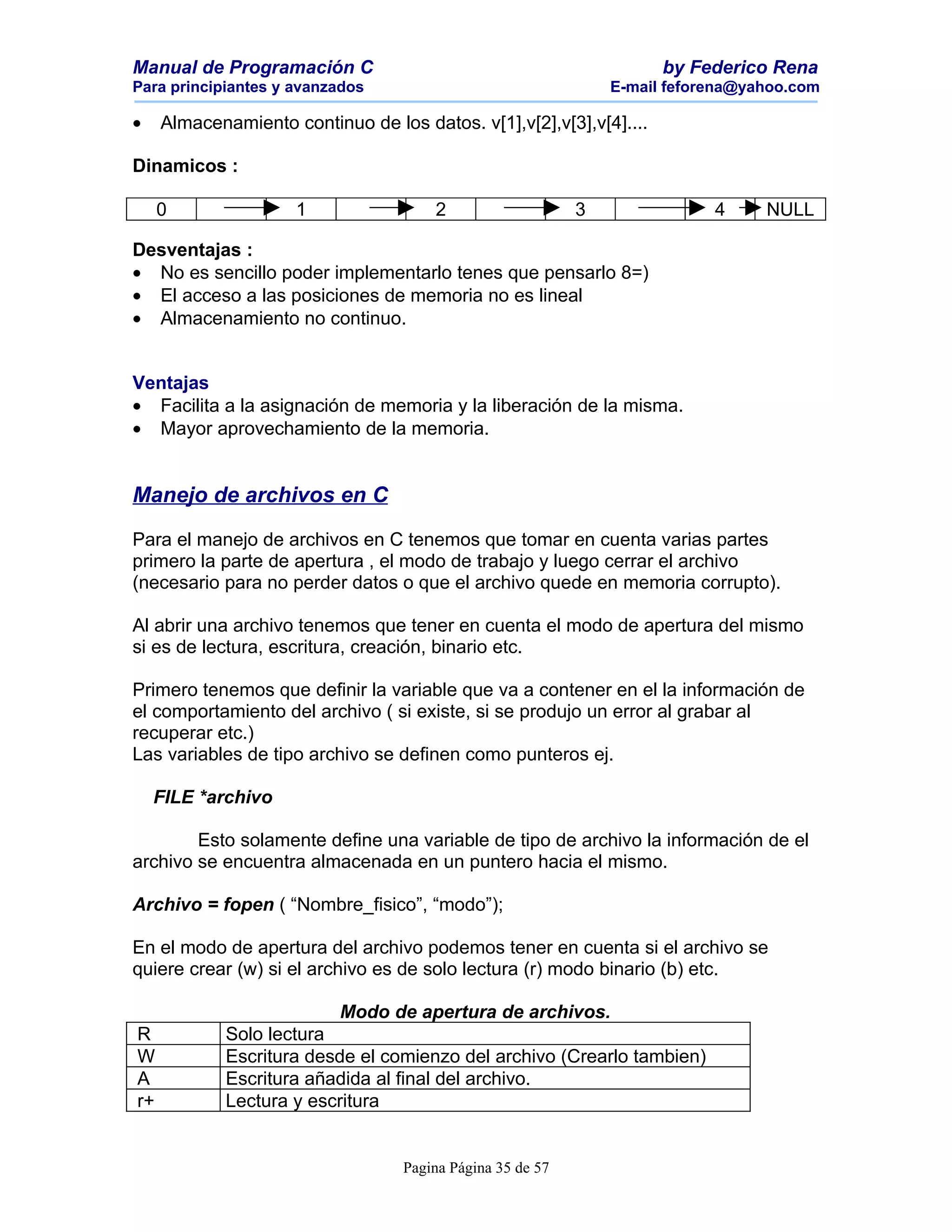 Manual de Programación C                                              by Federico Rena
Para principiantes y avanzados                                  E-mail feforena@yahoo.com

•    Almacenamiento continuo de los datos. v[1],v[2],v[3],v[4]....

Dinamicos :

     0               1                 2                    3               4     NULL

Desventajas :
• No es sencillo poder implementarlo tenes que pensarlo 8=)
• El acceso a las posiciones de memoria no es lineal
• Almacenamiento no continuo.


Ventajas
• Facilita a la asignación de memoria y la liberación de la misma.
• Mayor aprovechamiento de la memoria.


Manejo de archivos en C

Para el manejo de archivos en C tenemos que tomar en cuenta varias partes
primero la parte de apertura , el modo de trabajo y luego cerrar el archivo
(necesario para no perder datos o que el archivo quede en memoria corrupto).

Al abrir una archivo tenemos que tener en cuenta el modo de apertura del mismo
si es de lectura, escritura, creación, binario etc.

Primero tenemos que definir la variable que va a contener en el la información de
el comportamiento del archivo ( si existe, si se produjo un error al grabar al
recuperar etc.)
Las variables de tipo archivo se definen como punteros ej.

    FILE *archivo

        Esto solamente define una variable de tipo de archivo la información de el
archivo se encuentra almacenada en un puntero hacia el mismo.

Archivo = fopen ( “Nombre_fisico”, “modo”);

En el modo de apertura del archivo podemos tener en cuenta si el archivo se
quiere crear (w) si el archivo es de solo lectura (r) modo binario (b) etc.

                           Modo de apertura de archivos.
R            Solo lectura
W            Escritura desde el comienzo del archivo (Crearlo tambien)
A            Escritura añadida al final del archivo.
r+           Lectura y escritura


                                   Pagina Página 35 de 57
 