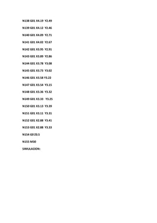 N138 G01 X4.19 Y2.49
N139 G01 X4.12 Y2.46
N140 G01 X4.09 Y2.71
N141 G01 X4.02 Y2.67
N142 G01 X3.95 Y2.91
N143 G01 X3.89 Y2.86
N144 G01 X3.78 Y3.08
N145 G01 X3.73 Y3.02
N146 G01 X3.58 Y3.22
N147 G01 X3.54 Y3.15
N148 G01 X3.36 Y3.32
N149 G01 X3.33 Y3.25
N150 G01 X3.13 Y3.39
N151 G01 X3.11 Y3.31
N152 G01 X2.88 Y3.41
N153 G01 X2.88 Y3.33
N154 G0 Z0.5
N155 M30
SIMULACION:
 
