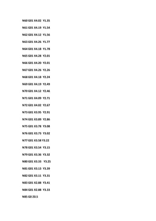 N60 G01 X4.02 Y1.35
N61 G01 X4.19 Y1.54
N62 G01 X4.12 Y1.56
N63 G01 X4.26 Y1.77
N64 G01 X4.18 Y1.78
N65 G01 X4.28 Y2.01
N66 G01 X4.20 Y2.01
N67 G01 X4.26 Y2.26
N68 G01 X4.18 Y2.24
N69 G01 X4.19 Y2.49
N70 G01 X4.12 Y2.46
N71 G01 X4.09 Y2.71
N72 G01 X4.02 Y2.67
N73 G01 X3.95 Y2.91
N74 G01 X3.89 Y2.86
N75 G01 X3.78 Y3.08
N76 G01 X3.73 Y3.02
N77 G01 X3.58 Y3.22
N78 G01 X3.54 Y3.15
N79 G01 X3.36 Y3.32
N80 G01 X3.33 Y3.25
N81 G01 X3.13 Y3.39
N82 G01 X3.11 Y3.31
N83 G01 X2.88 Y3.41
N84 G01 X2.88 Y3.33
N85 G0 Z0.5
 