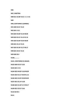 N86
N87; SIMETRIA
N88 G51 X2.88 Y2.01 I-1 J-1 K1
N89
N90; CONTORNO 1(ARRIBA)
N91 G00 X3.91 Y2.22
N92 G01 Z-0.5
N93 G03 X4.00 Y2.34 R0.09
N94 G03 X3.21 Y3.13 R1.16
N95 G03 X3.09 Y3.04 R0.09
N96 G01 X3.14 Y2.43
N97 G03 X3.30 Y2.27 R0.17
N98 G01 X3.91 Y2.22
N99 G00 Z0.5
N100;............
N101; CONTORNO 2( ABAJO)
N102 G00 X3.91 Y1.81
N103 G01 Z-0.5
N104 G02 X4.00 Y1.69 R0.09
N105 G02 X3.21 Y0.90 R1.16
N106 G02 X3.09 Y0.98 R0.09
N107 G01 X3.14 Y1.60
N108 G02 X3.30 Y1.75 R0.17
N109 G01 X3.91 Y1.81
N110 G0 Z0.5
N111
 