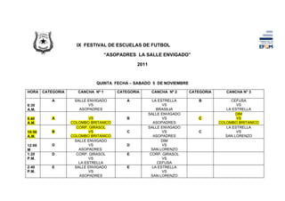 IX FESTIVAL DE ESCUELAS DE FUTBOL

                                     “ASOPADRES LA SALLE ENVIGADO”

                                                 2011


                              QUINTA FECHA – SABADO 5 DE NOVIEMBRE

HORA    CATEGORIA      CANCHA Nº 1       CATEGORIA       CANCHA Nº 2     CATEGORIA      CANCHA N° 3

           A         SALLE ENVIGADO         A             LA ESTRELLA       B             CEFUSA
8:30                       VS                                  VS                            VS
A.M.                   ASOPADRES                            BRASILIA                    LA ESTRELLA
                                                        SALLE ENVIGADO                       DIM
9.40       A                VS              B                  VS           C                VS
A.M.                COLOMBO BRITANICO                      ASOPADRES                 COLOMBO BRITANICO
                      CORP. GIRASOL                     SALLE ENVIGADO                  LA ESTRELLA
10:50      B                VS              C                  VS           C                VS
A.M.                COLOMBO BRITANICO                      ASOPADRES                    SAN LORENZO
                     SALLE ENVIGADO                            DIM
12:00      D                VS              D                  VS
M                      ASOPADRES                          SAN LORENZO
1:20       D          CORP. GIRASOL         E            CORP. GIRASOL
P.M.                        VS                                 VS
                       LA ESTRELLA                           CEFUSA
2:40       E         SALLE ENVIGADO         E             LA ESTRELLA
P.M.                        VS                                 VS
                       ASOPADRES                          SAN LORENZO
 