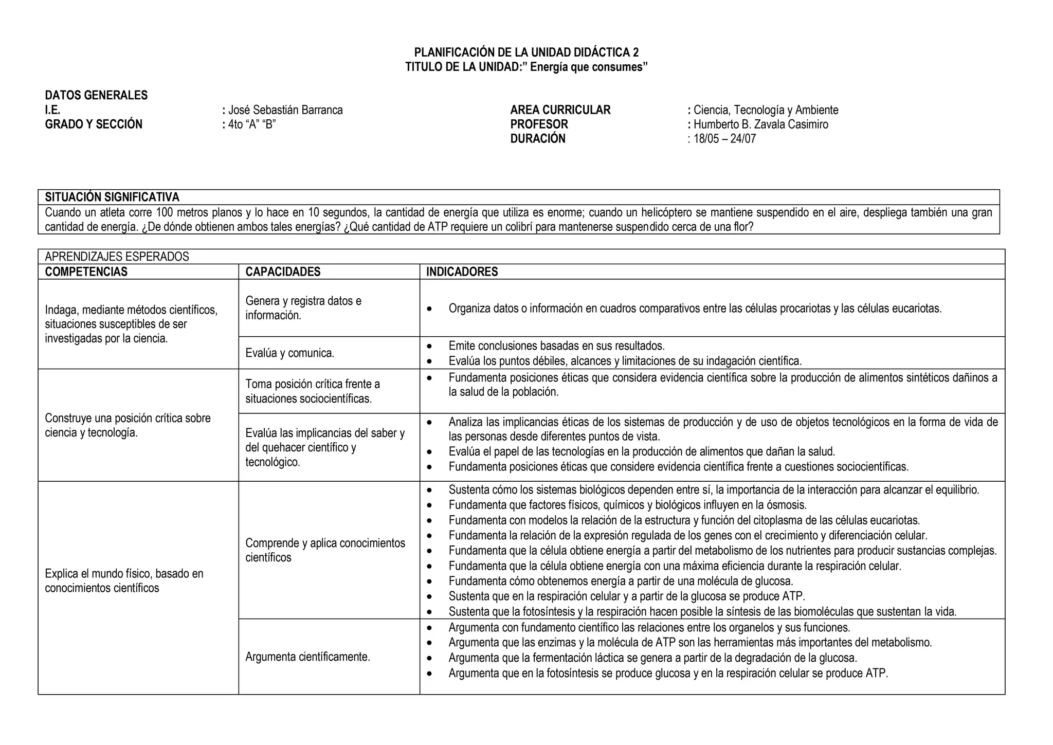 PLANIFICACIÓN DE LA UNIDAD DIDÁCTICA 2
TITULO DE LA UNIDAD:” Energía que consumes”
DATOS GENERALES
I.E. : José Sebastián Barranca
GRADO Y SECCIÓN : 4to “A” “B”
AREA CURRICULAR : Ciencia, Tecnología y Ambiente
PROFESOR : Humberto B. Zavala Casimiro
DURACIÓN : 18/05 – 24/07
APRENDIZAJES ESPERADOS
COMPETENCIAS CAPACIDADES INDICADORES
Indaga, mediante métodos científicos,
situaciones susceptibles de ser
investigadas por la ciencia.
Genera y registra datos e
información.
 Organiza datos o información en cuadros comparativos entre las células procariotas y las células eucariotas.
Evalúa y comunica.
 Emite conclusiones basadas en sus resultados.
 Evalúa los puntos débiles, alcances y limitaciones de su indagación científica.
Construye una posición crítica sobre
ciencia y tecnología.
Toma posición crítica frente a
situaciones sociocientíficas.
 Fundamenta posiciones éticas que considera evidencia científica sobre la producción de alimentos sintéticos dañinos a
la salud de la población.
Evalúa las implicancias del saber y
del quehacer científico y
tecnológico.
 Analiza las implicancias éticas de los sistemas de producción y de uso de objetos tecnológicos en la forma de vida de
las personas desde diferentes puntos de vista.
 Evalúa el papel de las tecnologías en la producción de alimentos que dañan la salud.
 Fundamenta posiciones éticas que considere evidencia científica frente a cuestiones sociocientíficas.
Explica el mundo físico, basado en
conocimientos científicos
Comprende y aplica conocimientos
científicos
 Sustenta cómo los sistemas biológicos dependen entre sí, la importancia de la interacción para alcanzar el equilibrio.
 Fundamenta que factores físicos, químicos y biológicos influyen en la ósmosis.
 Fundamenta con modelos la relación de la estructura y función del citoplasma de las células eucariotas.
 Fundamenta la relación de la expresión regulada de los genes con el crecimiento y diferenciación celular.
 Fundamenta que la célula obtiene energía a partir del metabolismo de los nutrientes para producir sustancias complejas.
 Fundamenta que la célula obtiene energía con una máxima eficiencia durante la respiración celular.
 Fundamenta cómo obtenemos energía a partir de una molécula de glucosa.
 Sustenta que en la respiración celular y a partir de la glucosa se produce ATP.
 Sustenta que la fotosíntesis y la respiración hacen posible la síntesis de las biomoléculas que sustentan la vida.
Argumenta científicamente.
 Argumenta con fundamento científico las relaciones entre los organelos y sus funciones.
 Argumenta que las enzimas y la molécula de ATP son las herramientas más importantes del metabolismo.
 Argumenta que la fermentación láctica se genera a partir de la degradación de la glucosa.
 Argumenta que en la fotosíntesis se produce glucosa y en la respiración celular se produce ATP.
SITUACIÓN SIGNIFICATIVA
Cuando un atleta corre 100 metros planos y lo hace en 10 segundos, la cantidad de energía que utiliza es enorme; cuando un helicóptero se mantiene suspendido en el aire, despliega también una gran
cantidad de energía. ¿De dónde obtienen ambos tales energías? ¿Qué cantidad de ATP requiere un colibrí para mantenerse suspendido cerca de una flor?
 