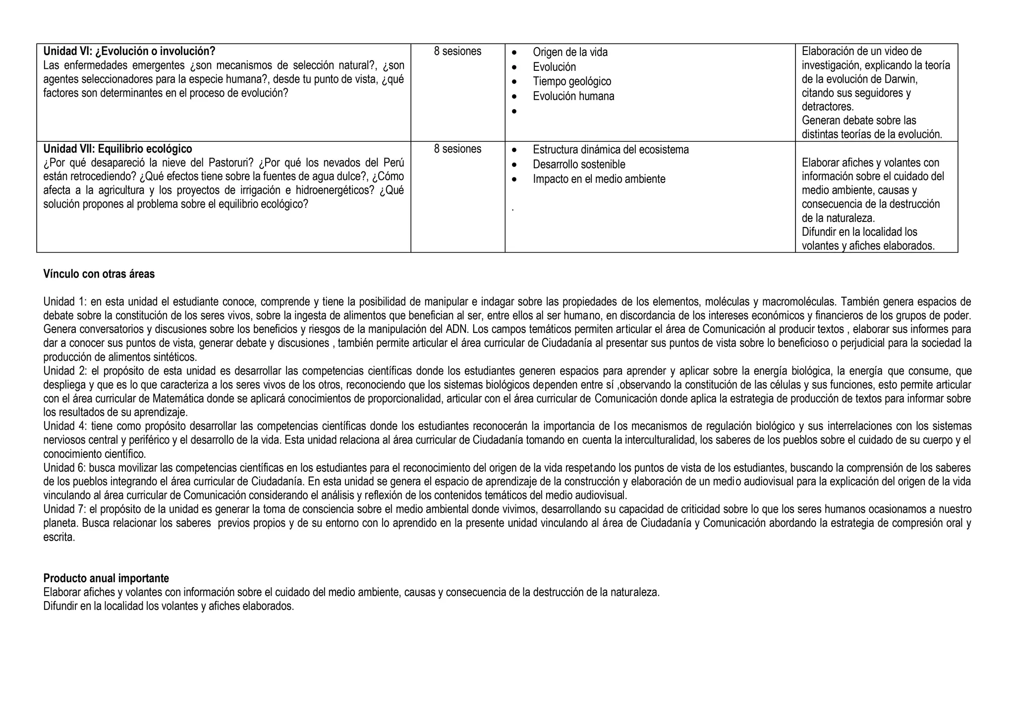 Unidad VI: ¿Evolución o involución?
Las enfermedades emergentes ¿son mecanismos de selección natural?, ¿son
agentes seleccionadores para la especie humana?, desde tu punto de vista, ¿qué
factores son determinantes en el proceso de evolución?
8 sesiones  Origen de la vida
 Evolución
 Tiempo geológico
 Evolución humana

Elaboración de un video de
investigación, explicando la teoría
de la evolución de Darwin,
citando sus seguidores y
detractores.
Generan debate sobre las
distintas teorías de la evolución.
Unidad VII: Equilibrio ecológico
¿Por qué desapareció la nieve del Pastoruri? ¿Por qué los nevados del Perú
están retrocediendo? ¿Qué efectos tiene sobre la fuentes de agua dulce?, ¿Cómo
afecta a la agricultura y los proyectos de irrigación e hidroenergéticos? ¿Qué
solución propones al problema sobre el equilibrio ecológico?
8 sesiones  Estructura dinámica del ecosistema
 Desarrollo sostenible
 Impacto en el medio ambiente
.
Elaborar afiches y volantes con
información sobre el cuidado del
medio ambiente, causas y
consecuencia de la destrucción
de la naturaleza.
Difundir en la localidad los
volantes y afiches elaborados.
Vínculo con otras áreas
Unidad 1: en esta unidad el estudiante conoce, comprende y tiene la posibilidad de manipular e indagar sobre las propiedades de los elementos, moléculas y macromoléculas. También genera espacios de
debate sobre la constitución de los seres vivos, sobre la ingesta de alimentos que benefician al ser, entre ellos al ser humano, en discordancia de los intereses económicos y financieros de los grupos de poder.
Genera conversatorios y discusiones sobre los beneficios y riesgos de la manipulación del ADN. Los campos temáticos permiten articular el área de Comunicación al producir textos , elaborar sus informes para
dar a conocer sus puntos de vista, generar debate y discusiones , también permite articular el área curricular de Ciudadanía al presentar sus puntos de vista sobre lo beneficioso o perjudicial para la sociedad la
producción de alimentos sintéticos.
Unidad 2: el propósito de esta unidad es desarrollar las competencias científicas donde los estudiantes generen espacios para aprender y aplicar sobre la energía biológica, la energía que consume, que
despliega y que es lo que caracteriza a los seres vivos de los otros, reconociendo que los sistemas biológicos dependen entre sí ,observando la constitución de las células y sus funciones, esto permite articular
con el área curricular de Matemática donde se aplicará conocimientos de proporcionalidad, articular con el área curricular de Comunicación donde aplica la estrategia de producción de textos para informar sobre
los resultados de su aprendizaje.
Unidad 4: tiene como propósito desarrollar las competencias científicas donde los estudiantes reconocerán la importancia de los mecanismos de regulación biológico y sus interrelaciones con los sistemas
nerviosos central y periférico y el desarrollo de la vida. Esta unidad relaciona al área curricular de Ciudadanía tomando en cuenta la interculturalidad, los saberes de los pueblos sobre el cuidado de su cuerpo y el
conocimiento científico.
Unidad 6: busca movilizar las competencias científicas en los estudiantes para el reconocimiento del origen de la vida respetando los puntos de vista de los estudiantes, buscando la comprensión de los saberes
de los pueblos integrando el área curricular de Ciudadanía. En esta unidad se genera el espacio de aprendizaje de la construcción y elaboración de un medio audiovisual para la explicación del origen de la vida
vinculando al área curricular de Comunicación considerando el análisis y reflexión de los contenidos temáticos del medio audiovisual.
Unidad 7: el propósito de la unidad es generar la toma de consciencia sobre el medio ambiental donde vivimos, desarrollando su capacidad de criticidad sobre lo que los seres humanos ocasionamos a nuestro
planeta. Busca relacionar los saberes previos propios y de su entorno con lo aprendido en la presente unidad vinculando al área de Ciudadanía y Comunicación abordando la estrategia de compresión oral y
escrita.
Producto anual importante
Elaborar afiches y volantes con información sobre el cuidado del medio ambiente, causas y consecuencia de la destrucción de la naturaleza.
Difundir en la localidad los volantes y afiches elaborados.
 