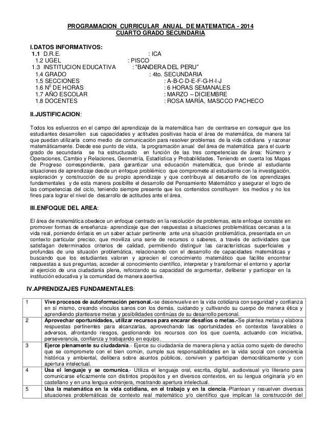 PROGRAMACION CURRICULAR - 2014 - CUARTO GRADO SECUNDARIA PROGRAMACION CURRICULAR - 2014 - CUARTO GRADO SECUNDARIA