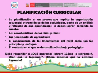 PLANIFICACIÓN CURRICULAR
• La planificación es un proceso que implica la organización
secuencial y cronológica de las actividades, parte de un análisis
y reflexión de qué aprendizajes se deben lograr teniendo en
cuenta:
• Las características de los niños y niñas
• Sus necesidades de aprendizaje
• El conocimiento de los lineamientos del nivel como son los
principios y enfoque.
• El contexto en el que se desarrolla el trabajo pedagógico
Debe responder a ¿Qué queremos lograr? ¿Cómo lo logramos?,
¿Con qué lo logramos?, ¿Cómo sabemos que lo estamos
logrando?
 
 