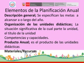 Elementos de la Planificación Anual
Descripción general; Se especifican las metas a
alcanzar a o largo del año.
Organización de las unidades didácticas; La
situación significativa de la cual parte la unidad,
el título de la unidad
Competencias y capacidades.
Producto Anual; es el producto de las unidades
didácticas
Materiales/Recursos
 