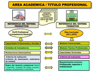 AREA ACADEMICA / TITULO PROFESIONAL

                                                     CATÁLOGO
                                                    NACIONAL DE
                                                     TÍTULOS Y
                                                  CERTIFICACIONES
                                                  RVM Nº 085-2003-
                                                         ED

  REFERENCIA DEL SISTEMA                                             REFERENCIA DEL SISTEMA
       PRODUCTIVO                                                          FORMATIVO


         Perfil Profesional                                               Plan Curricular
      (competencia General)                                                 (MT y MTP)



Capacidades Profesionales y Sociales                                 Módulos Transversales

Unidades de Competencia                                              Módulos Técnico Profesionales

Realizaciones (desempeños)                                           Capacidades Terminales

 Criterios de realización                                            Criterios de evaluación
(criterios de desempeño, estándares
de calidad)                                                          Requerimientos mínimos:
                                                                     Profesorado, espacios e
Rubro del dominio profesional Medios
y materiales, resultados del trabajo, procesos,                      instalaciones
métodos, procedimientos e información.
 