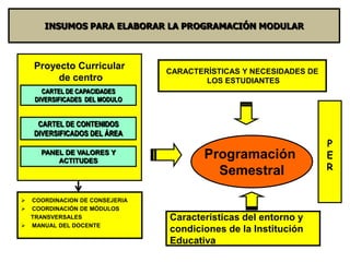 INSUMOS PARA ELABORAR LA PROGRAMACIÓN MODULAR



    Proyecto Curricular
                                CARACTERÍSTICAS Y NECESIDADES DE
         de centro                      LOS ESTUDIANTES
      CARTEL DE CAPACIDADES
    DIVERSIFICADES DEL MODULO


     CARTEL DE CONTENIDOS
    DIVERSIFICADOS DEL ÁREA
                                                                   P
     PANEL DE VALORES Y
         ACTITUDES
                                       Programación                E
                                         Semestral                 R


 COORDINACION DE CONSEJERIA
 COORDINACIÓN DE MÓDULOS
  TRANSVERSALES                 Características del entorno y
 MANUAL DEL DOCENTE
                                condiciones de la Institución
                                Educativa
 