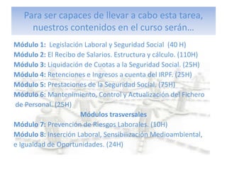 Para ser capaces de llevar a cabo esta tarea,
     nuestros contenidos en el curso serán…
Módulo 1: Legislación Laboral y Seguridad Social (40 H)
Módulo 2: El Recibo de Salarios. Estructura y cálculo. (110H)
Módulo 3: Liquidación de Cuotas a la Seguridad Social. (25H)
Módulo 4: Retenciones e Ingresos a cuenta del IRPF. (25H)
Módulo 5: Prestaciones de la Seguridad Social. (75H)
Módulo 6: Mantenimiento, Control y Actualización del Fichero
de Personal. (25H)
                     Módulos trasversales
Módulo 7: Prevención de Riesgos Laborales. (10H)
Módulo 8: Inserción Laboral, Sensibilización Medioambiental,
e Igualdad de Oportunidades. (24H)
 