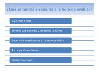 ¿Qué se tendrá en cuenta a la hora de evaluar?

  Asistencia a clase.


  Nivel de cumplimiento y calidad de las tareas.


  Superar los cuestionarios y supuestos prácticos.


  Participación en debates.


  Trabajo en equipo.
 